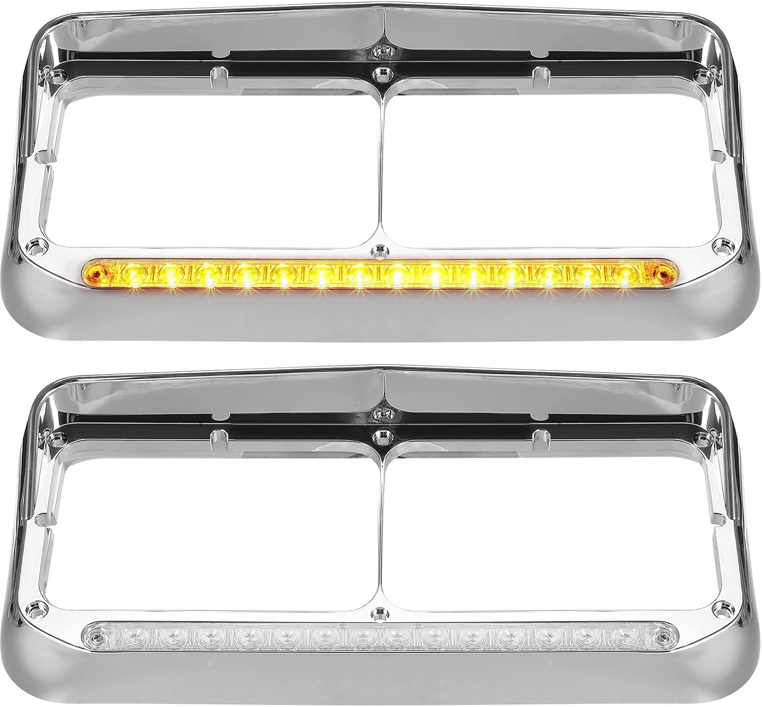 Partsam 2x Headlight Bezels Chrome w/Visors 12" Clear/White LED Light Strip Bar Replacement for Kenworth T400 T600 T800 W900B W900L Peterbilt 378 379 Western Star 4900 Freightliner Semi Trucks