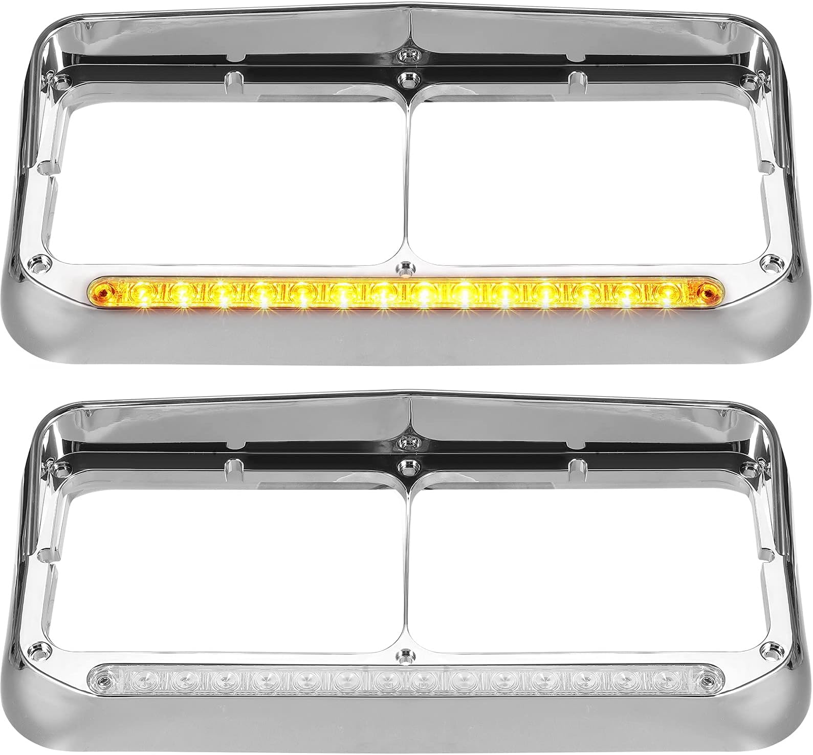 2x Headlight Bezels Chrome w/Visor 12" Clear/Amber LED Light Strip Replacement for 4x6 Lights Kenworth T400 T600 T800 W900B W900L Peterbilt 378 379 Western Star 4900 Freightliner Semi Trucks
