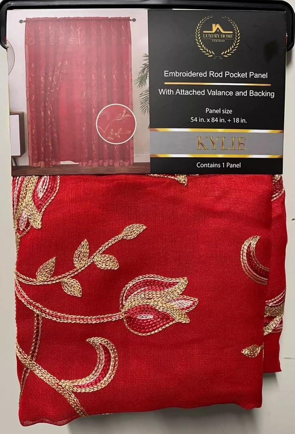 Set of 2 Kylie Embroidered Curtain Panels with Attached Taffeta Backing and Valance, 108" Wide x 84" Long (Red)