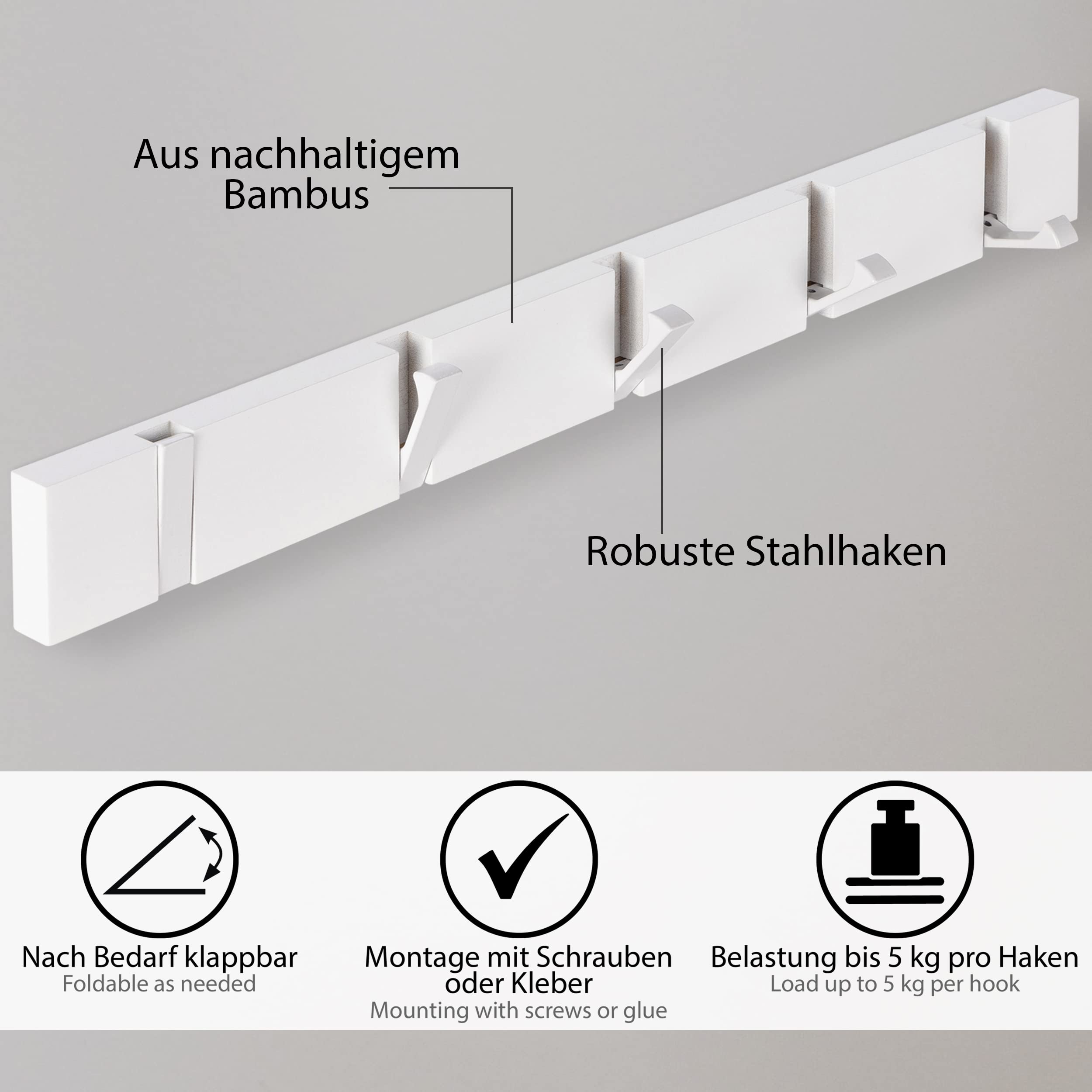 ONVAYA® Perchero | Blanco | Perchero de pared de diseño moderno | Perchero de madera de bambú | Perchero para ropa desplegable | Barra de ganchos | Perchero