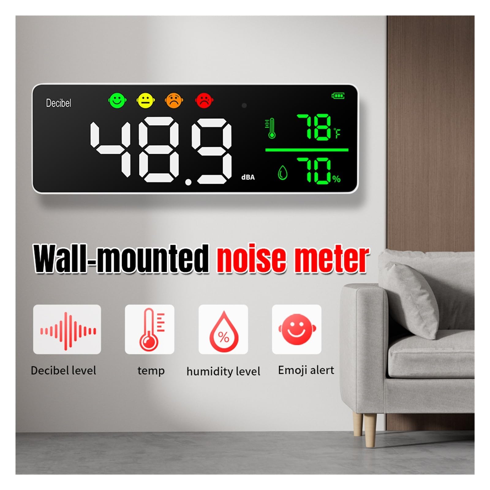 Medidor de Decibelios, Medidor de nivel sonido digital pared, 30-130 dBA, monitor decibelios