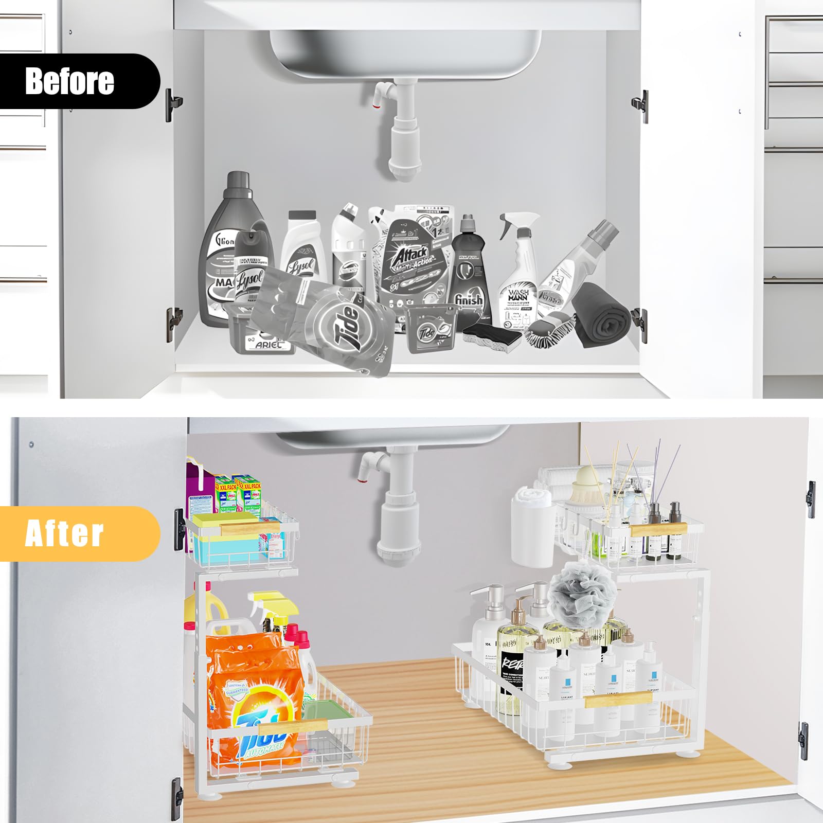 homicozy Organizer kuchenny do przechowywania pod zlewem, metalowy organizer do szafki pod zlewem, półka z regulacją wysokości, do przechowywania w kuchni, wyciągany stojak pod umywalkę do łazienki,