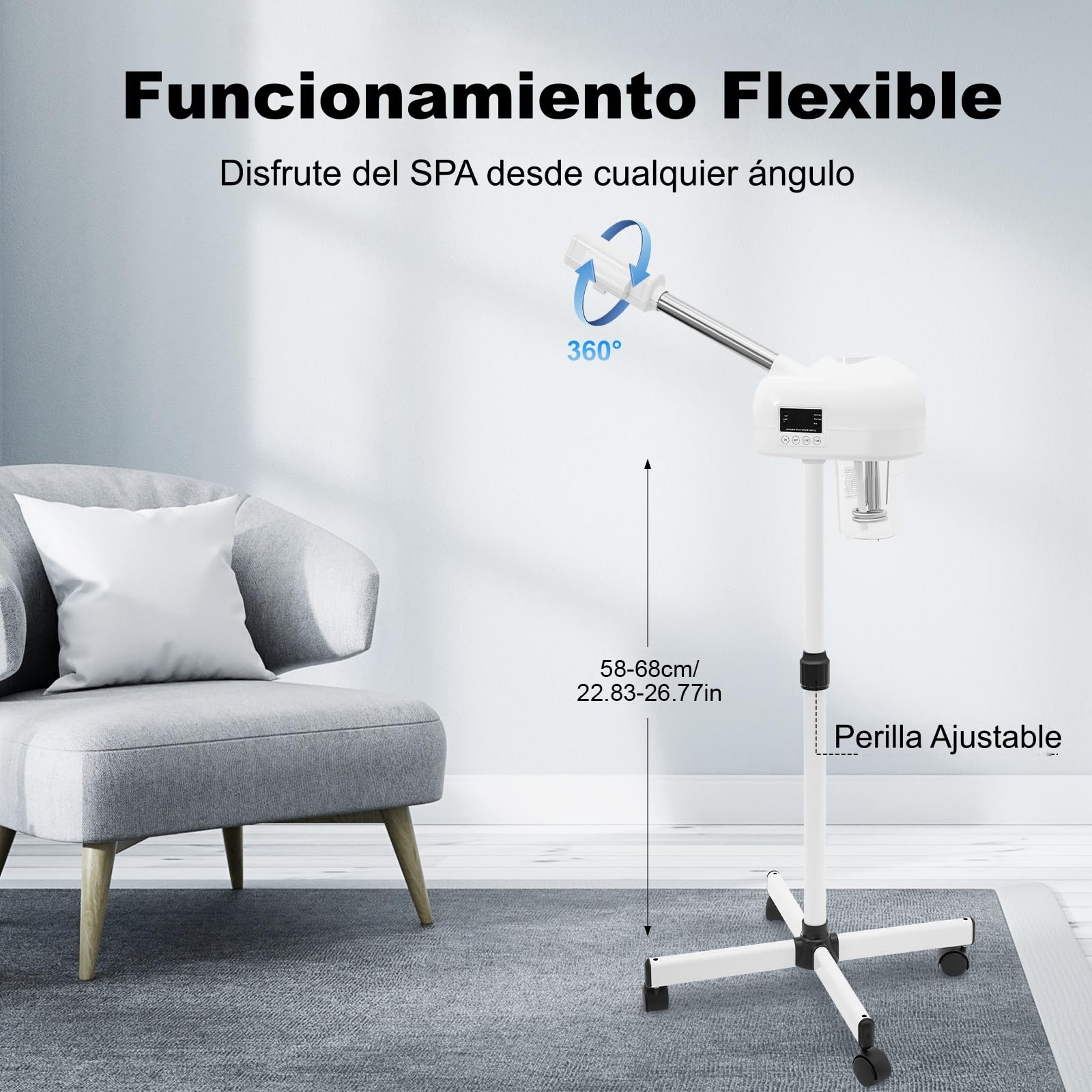 Vaporizador facial a 42 °C, vaporizador multifuncional, con boquilla giratoria de 360 grados y panel de control LCD, profesional para salón y hogar