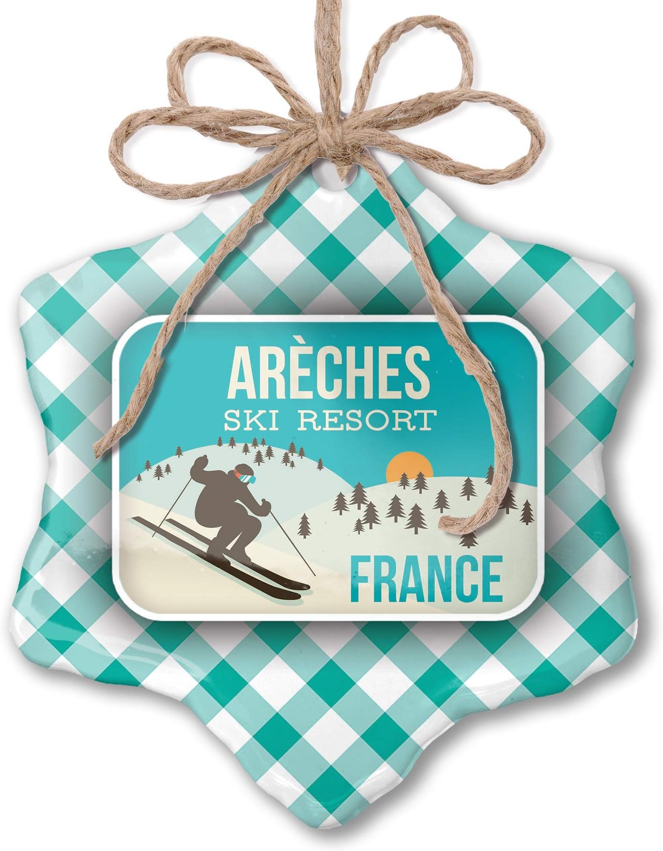 NEONBLOND Christmas Ornament Arï¾Ches Ski Resort - France Ski Resort Pastel Mint Green Plaid