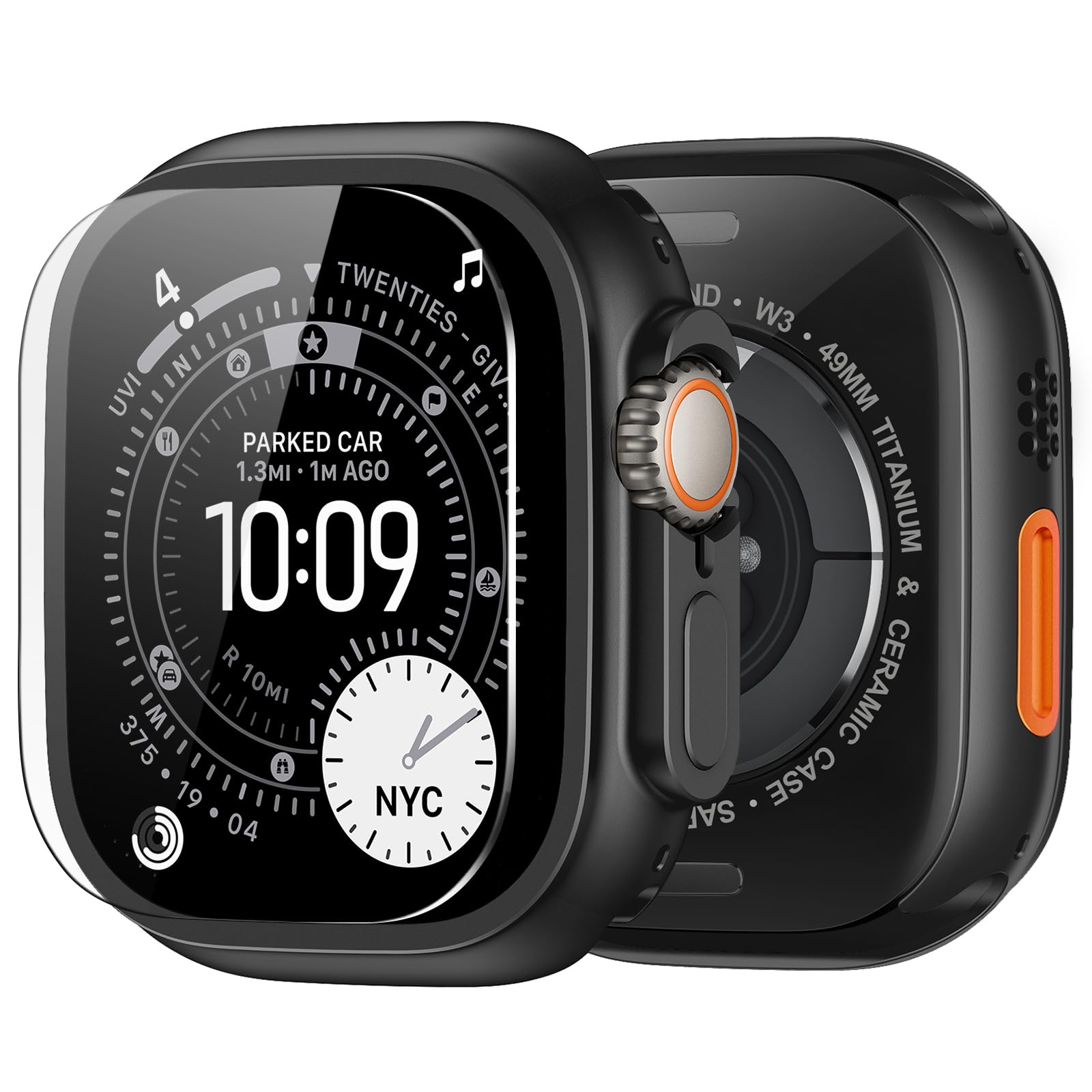amBandMetal Case Screen Protector Cover for Apple Watch Ultra 3/Ultra 2/Ultra 49mm, W3 Rugged Bumper Thin Frame + 9H Tempered Glass Film + Ceramic-Like Back Cover, [Stylish] [Waterproof], Matte Black
