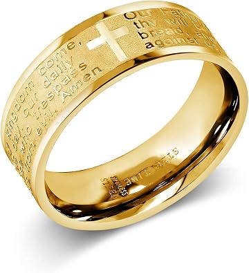 Gem Stone King 8MM Mens Yellow Gold Plated Stainless Steel Bible Christian Lords Prayer Cross Wedding Band Engraved Ring Size 7