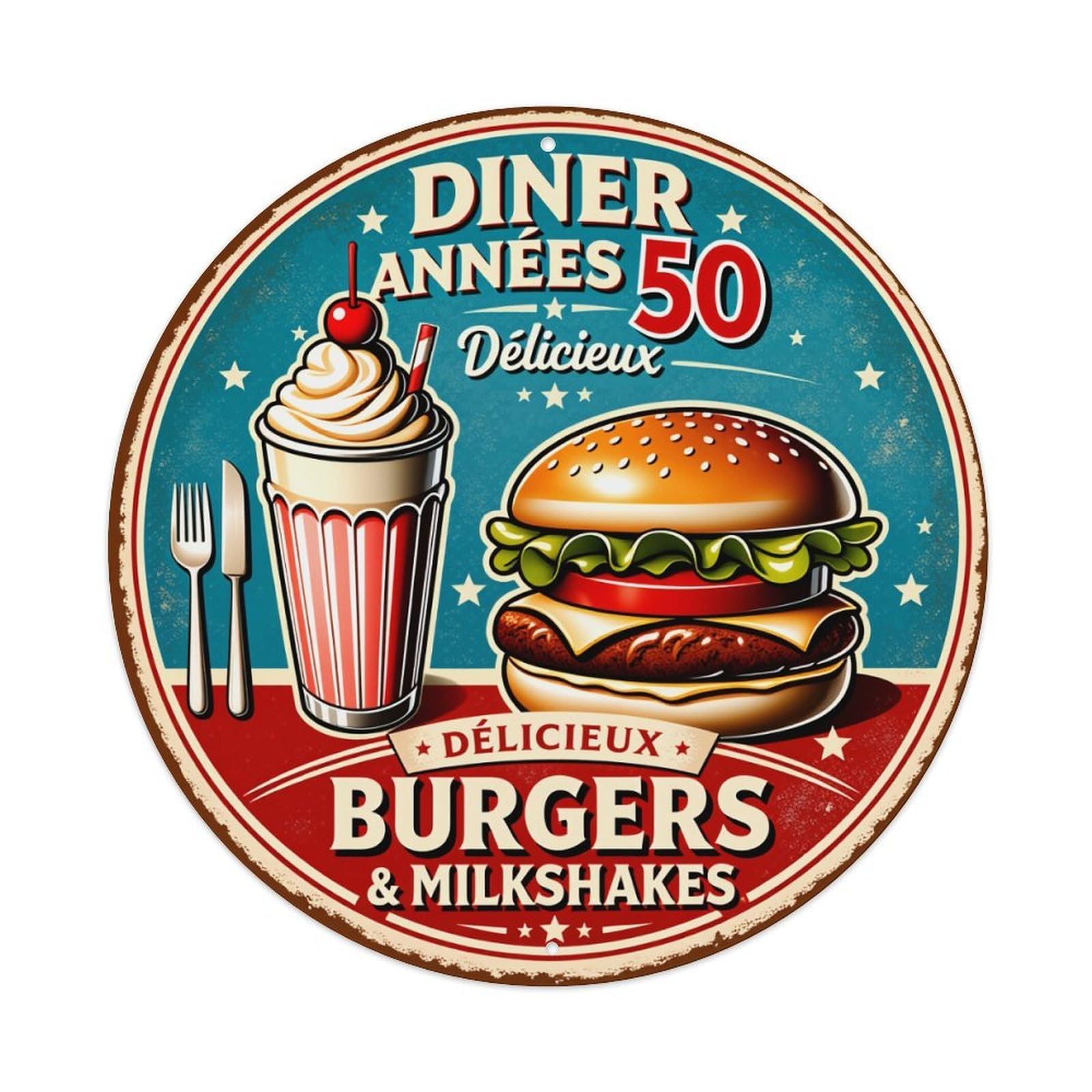 Lzwbntey Vintage Diner Burgers Milkshakes Style Metal Tin Sign Retro Wall Decor For Home Bar Garage Cafe, Indoor & Outdoor Decorative，Circle Metal Poster, 8X8 Inch