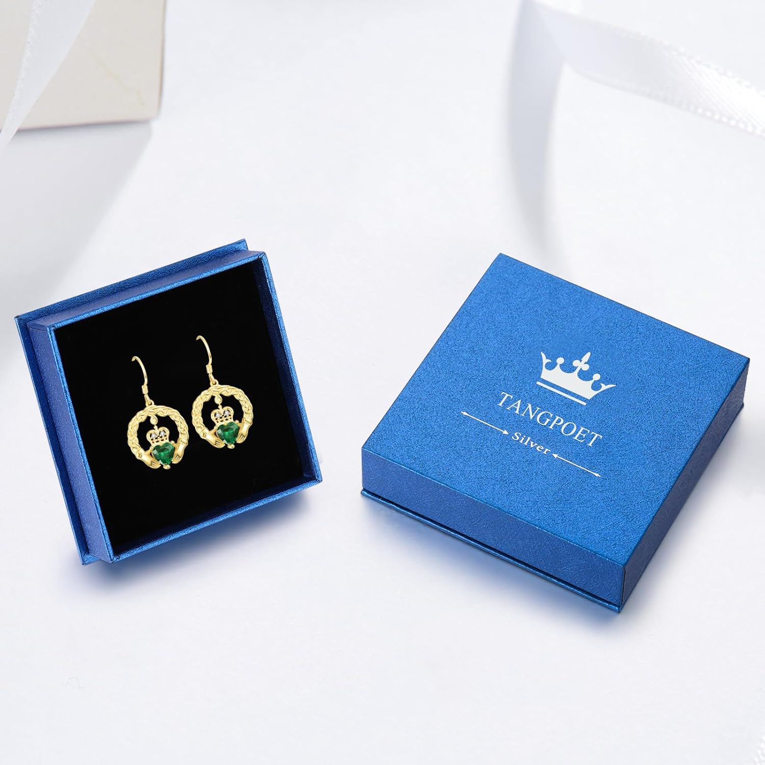 TANGPOET Claddagh Birthstone Earrings for Women 925 Sterling Silver 18K Gold Plated Irish Celtic Jewelry Valentines Christmas Birthday Gifts for Her - Image 7