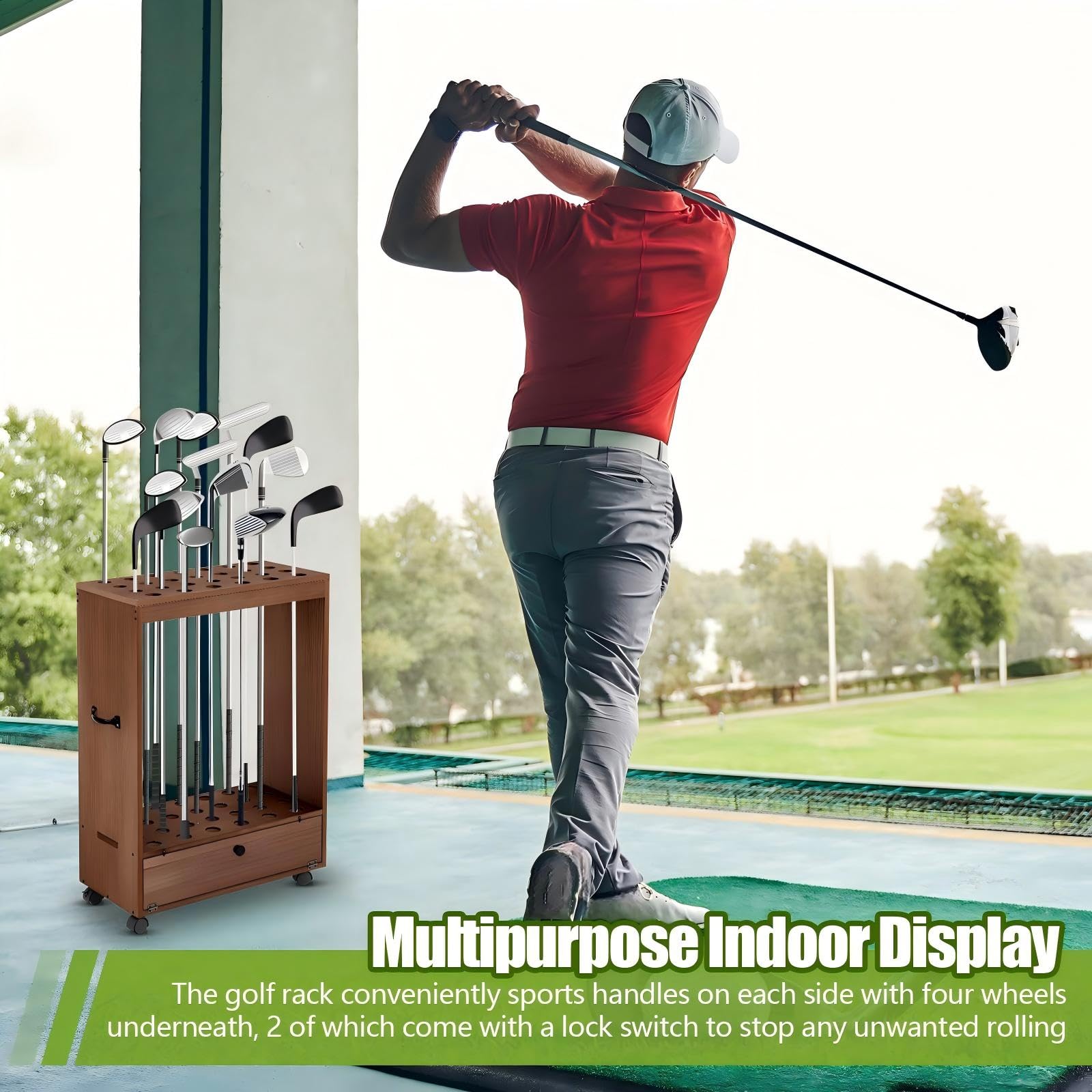 Silipull Golfschlägerständer mit 27 Löchern, Holz, für Golfschläger mit Schublade und Rad für den Innenbereich, Zuhause, Büro, Simulator, Garage