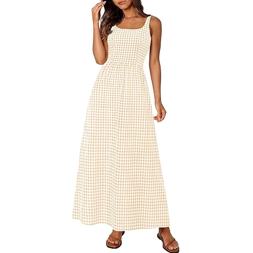 PRETTYGARDEN Women's 2025 Summer Spaghetti Strap Maxi Dresses Plaid Square Neck A Line Casual Beach Vacation Long Sundress
