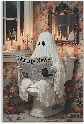 Venphude Lienzo decorativo de pared de fantasma, lindo fantasma leyendo noticias fantasmales en el inodoro, flores rosadas, impresión romántica de