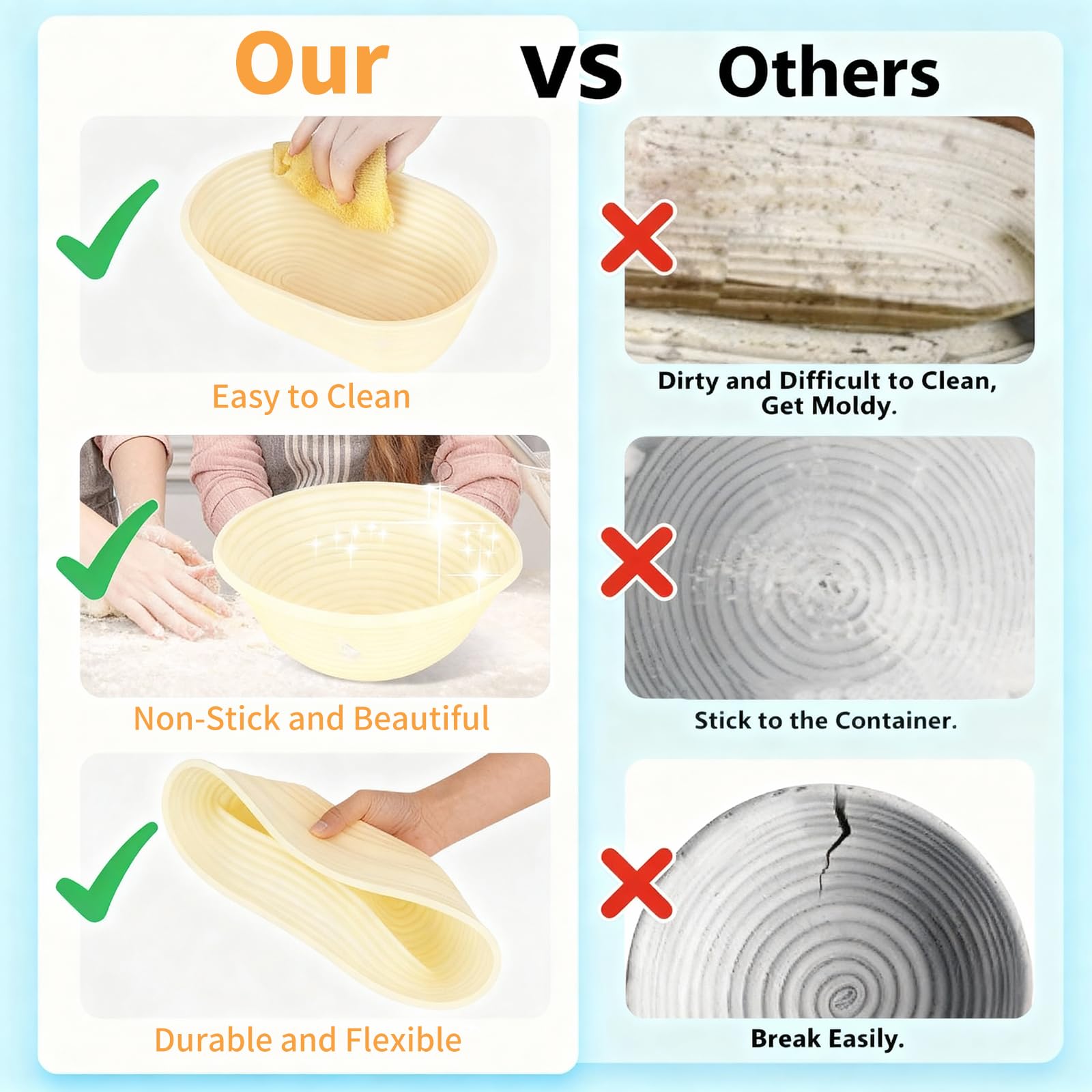 OBEST Lot de 2 paniers de fermentation en silicone - Ovales et ronds - Panier de fermentation pliable en silicone - Convient pour le pain au levain et la pizza