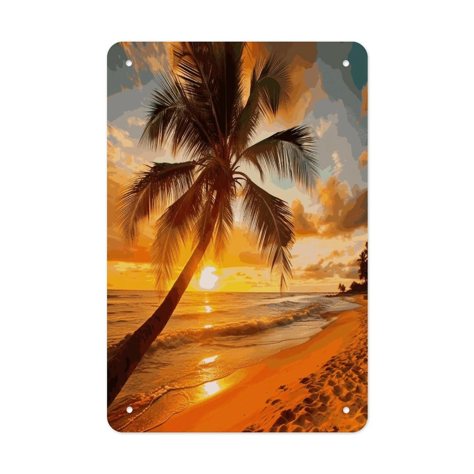 LDGSUPH Tropical Beach Palm Tree Sunset Wall Art Prints Folded Edge Iron Sheet Painting with Holes for Wall Prints Decorative Picture Metal Signboard Decor Painting for Outdoor Indoor Wall Decor