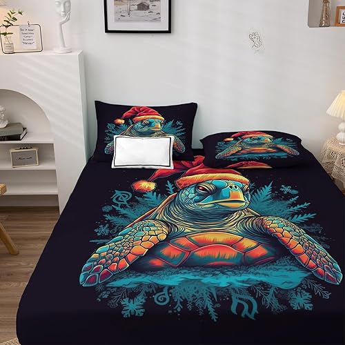 Miniatura 3 de Sábanas de tortuga de Navidad tamaño California King, sábanas de cama de animales marinos de Navidad, microfibra suave, bolsillo profundo, sábanas y