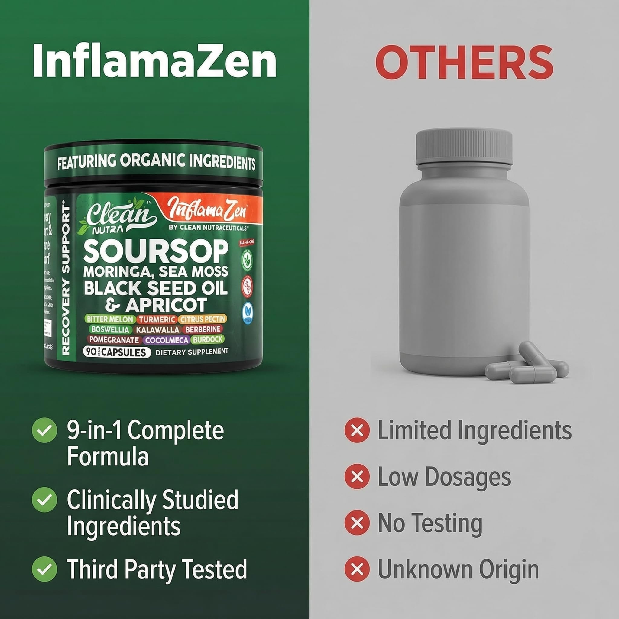 Clean Nutra Soursop Supplement Moringa Sea Moss Black Seed Oil Berberine Turmeric Resveratrol Quercetin Greens Bitters Boswellia Bitter Melon Burdock Root Antioxidant Support 90 Capsules — Amazon image 7