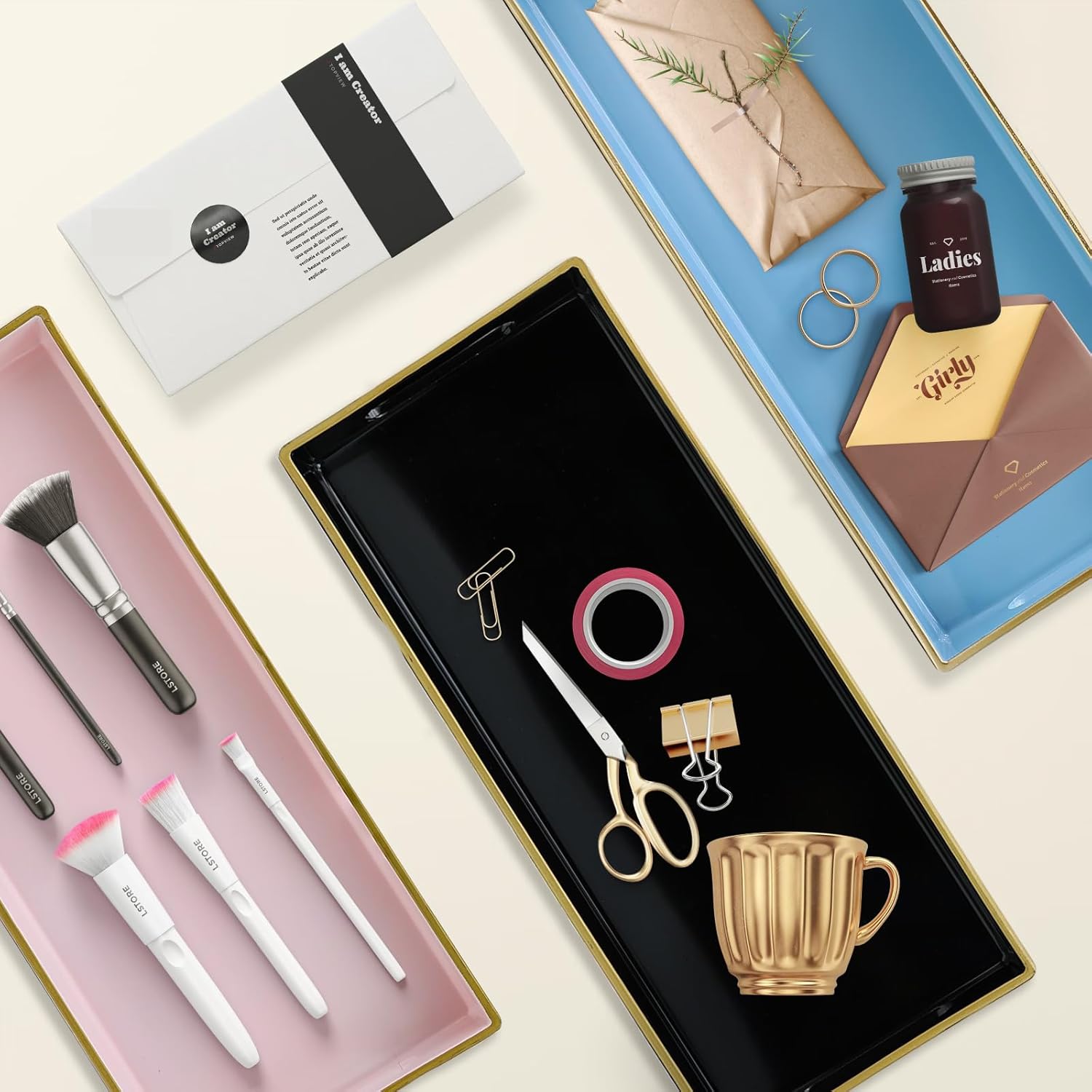 Black Vanity Tray with Handles, Decorative Tray Desktop Storage Organizer for Bathroom, Living Room, 5.9"*13.7" - Image 6