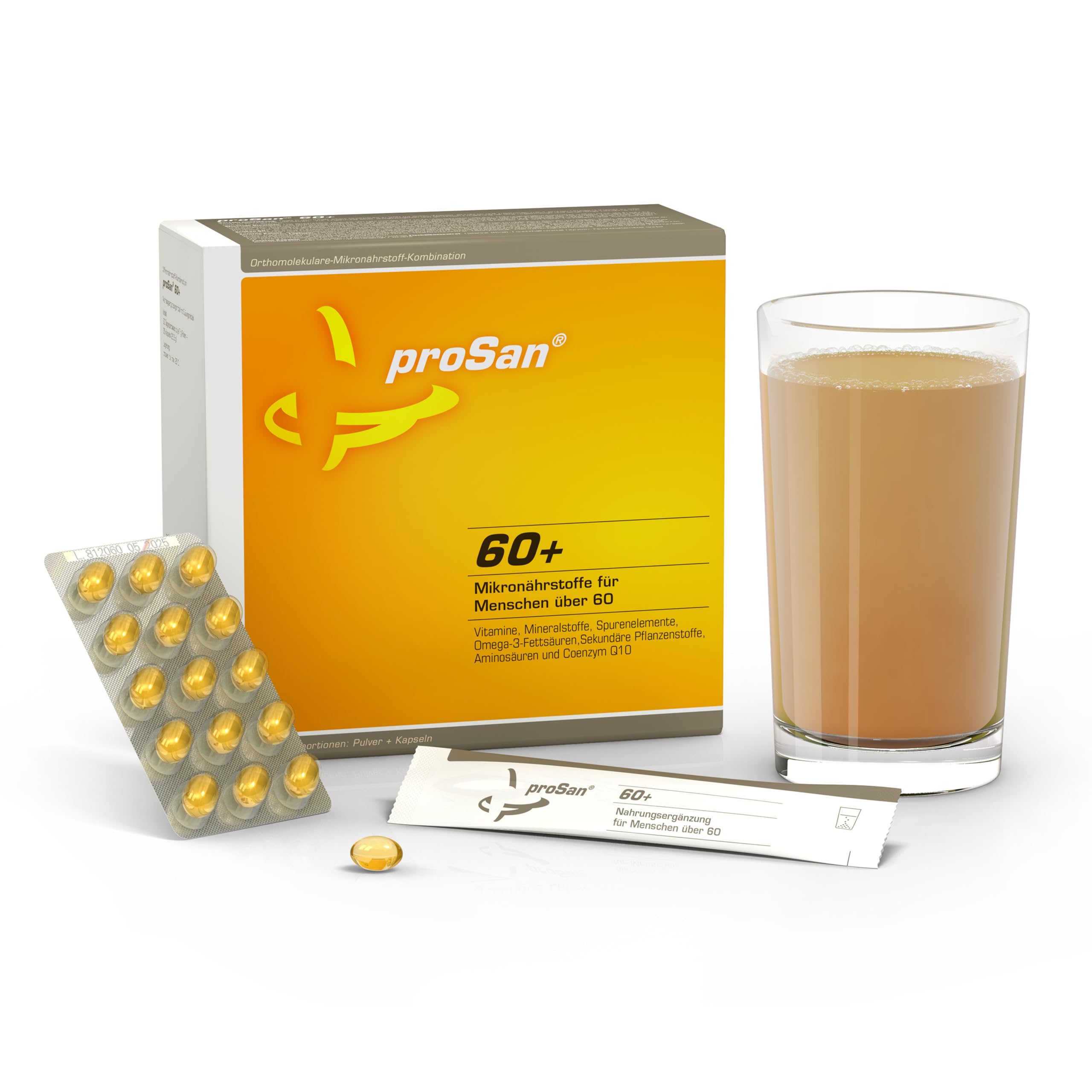 proSan 60+ (Monatspackung: 30 Sticks + 30 Kapseln) | Vitamine, Mineralien, Spurenelemente, Omega-3-Fettsäuren, Pflanzenstoffe, Aminosäuren, Coenzym Q10
