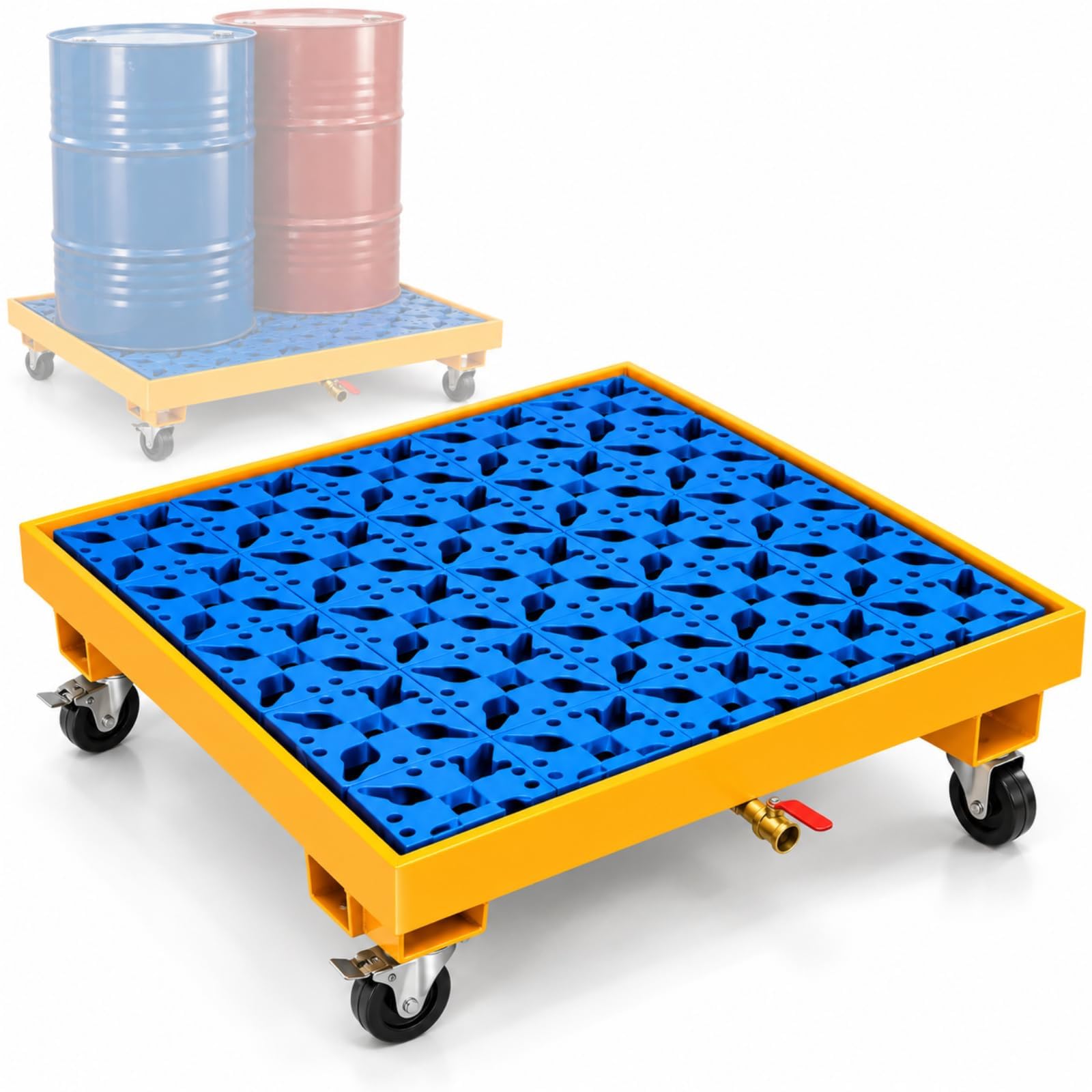 COYEUX Plateforme Mobile De Rétention des Déversements pour Fût Unique, Plateforme Modulaire À 4 Roues avec Grille Et Drain, en Acier De 1,5 Mm Dépaisseur, pour Garages, Ateliers Et Entrepôts.