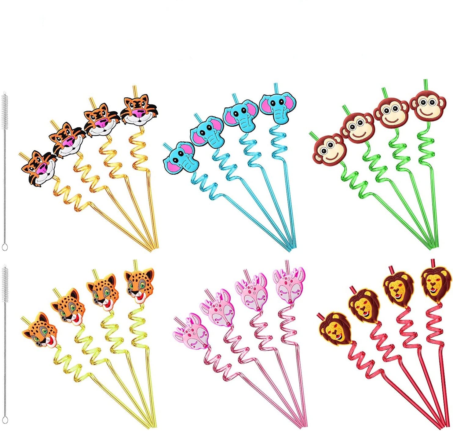 27Pcs Reusable Jungle Zoo Animals Plastic Straws, 9 Design Lion Zebra Rhino Hippo Fox Safari Forest Animals Straws Wild-One Baby Shower Birthday Party Supplies Favors for Kids, with 2 Cleaning Brushes
