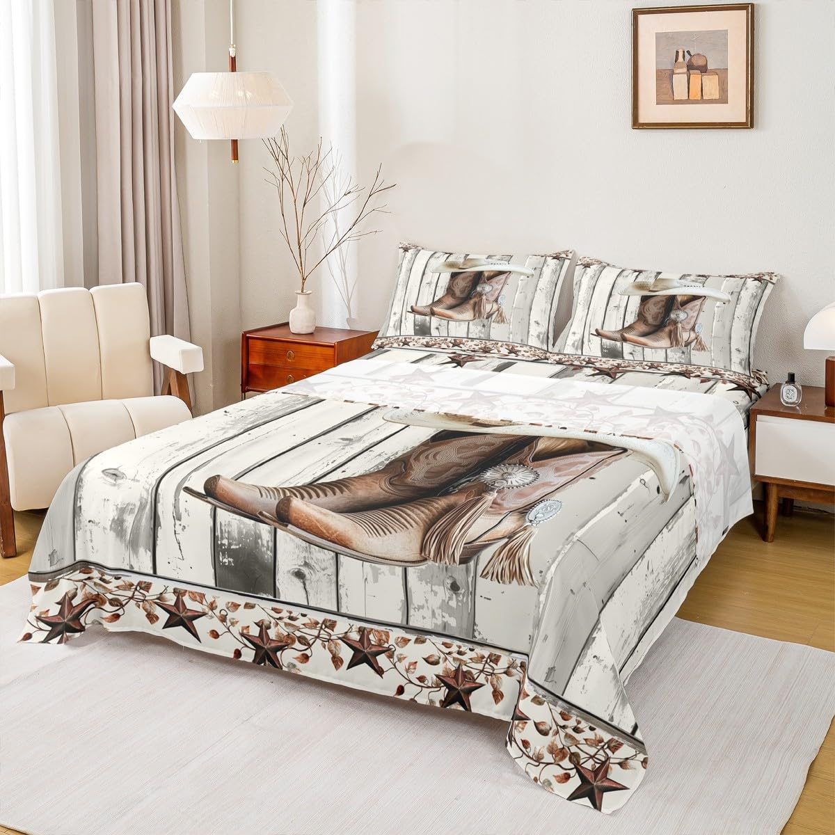 Erosebridal Western Texas Star Top Fitted Sheet Full Size, Rustic Horseshoe Bed Sheets Country Wooden Door Sheet Set for Kids Teens Adult Men Bedroom, Retro Cowboy Farmhouse Bedding Set