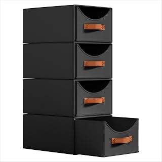 Homsorout Stackable Storage Drawers - Collapsible Storage Bins with Drawers, 4 Pack Closet Shelf Organizer Basket, Fabric Pull Out Organizer for Bedroom, Living Room, Dorm, Black