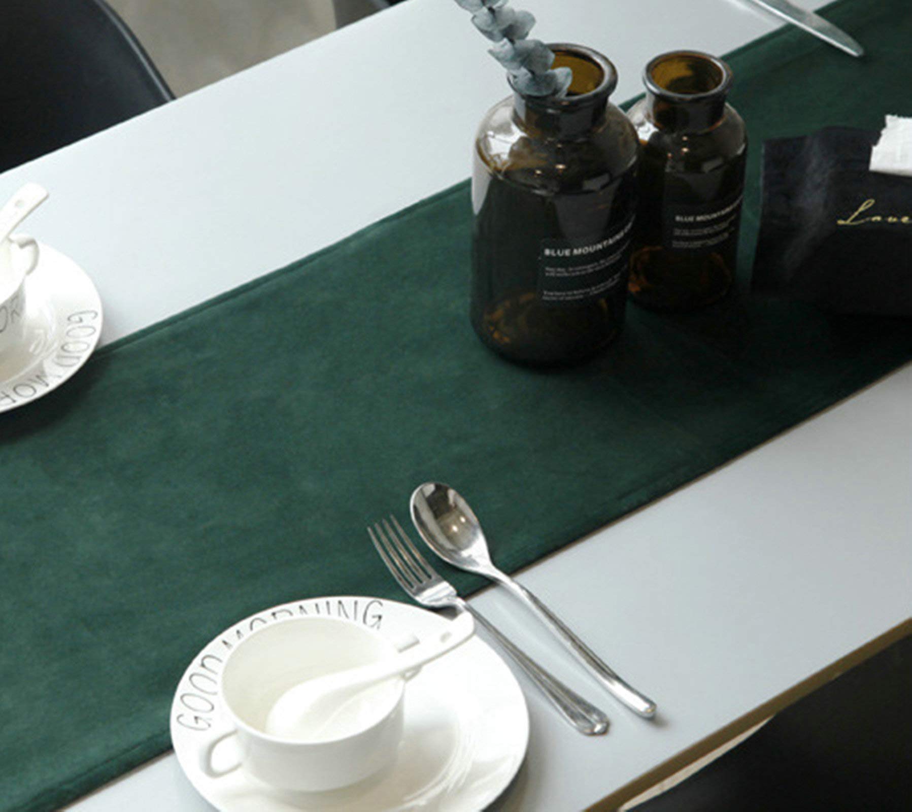 Aeici Camino de mesa rectangular de terciopelo simple, camino de mesa de cocina puro 33 x 150 cm, camino de mesa para comedor, verde oscuro