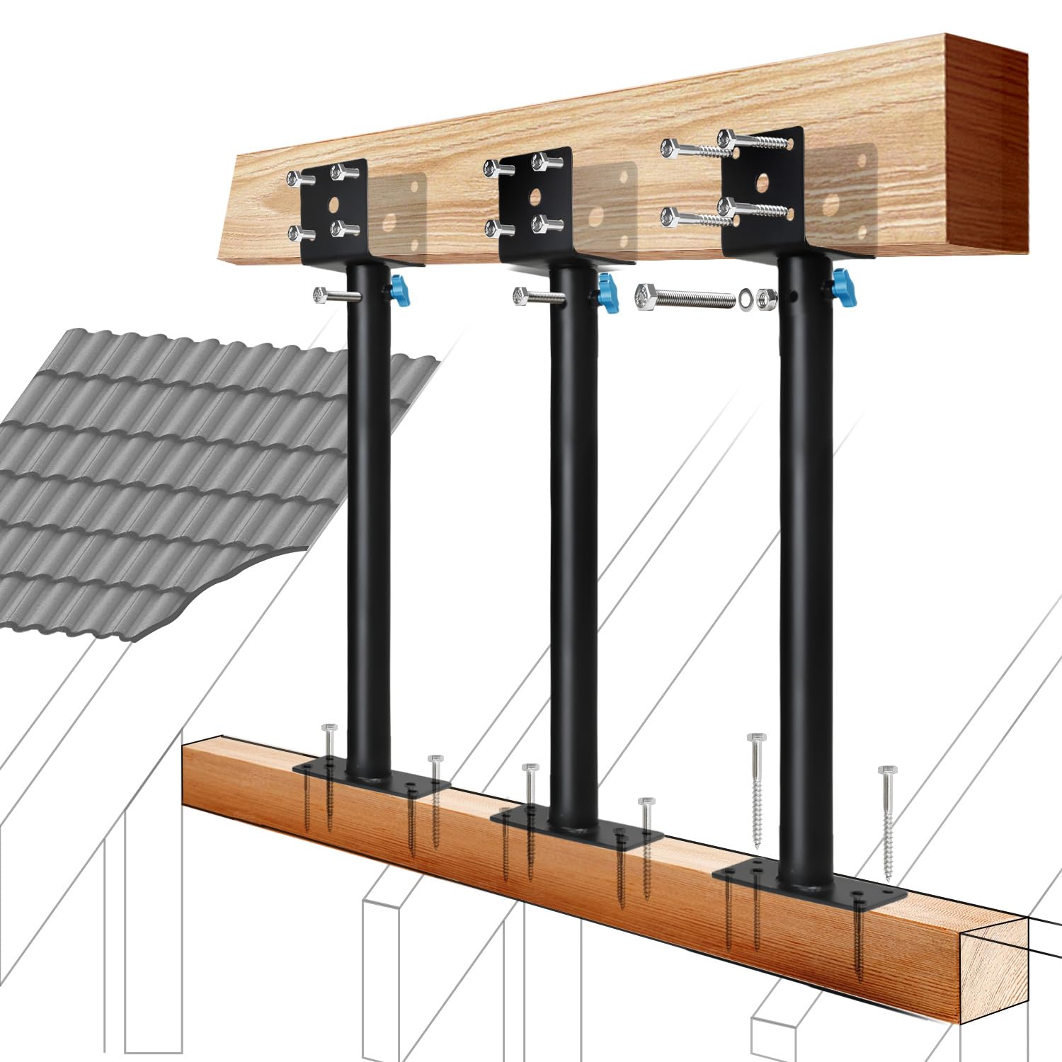 Photo 1 of 3 Pack 3.6" 304 Saddle Stainless Steel Roof Riser for Patio Pergola, Heavy-Duty 18-1/4 Inches High, Pergola Roofs Riser Beam Brackets, Adjustable Roof Riser Hardware, Black Finish (Stainless Steel)