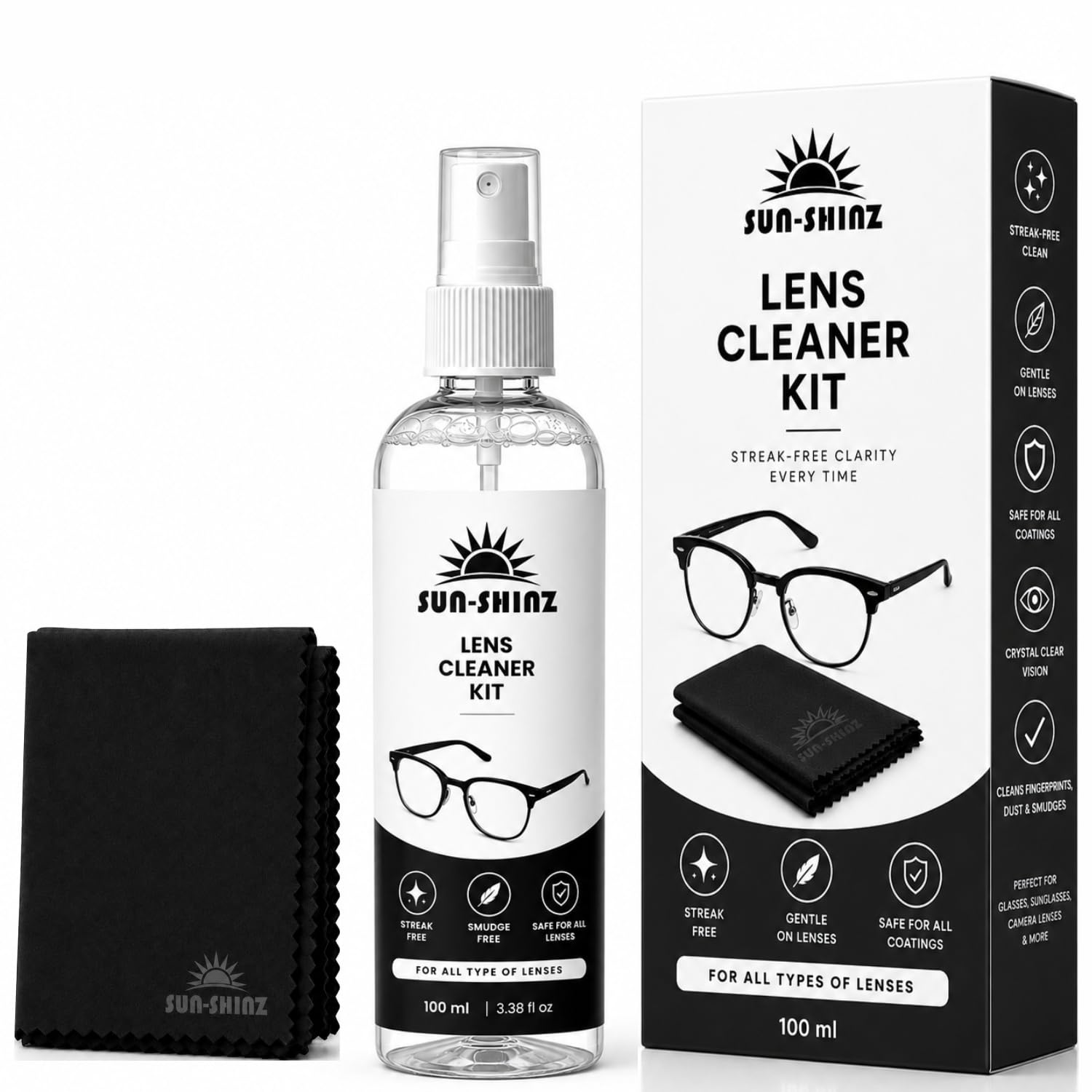 Lens Cleaner Spray Kit for Spectacles, Eyeglasses, Sunglasses, Camera Lens, Binoculars & Optical Lenses | 100ml with 1 Microfiber Cloth | Streak Free Lens Cleaner Removes Dust, Fingerprints, Smudges-image-3