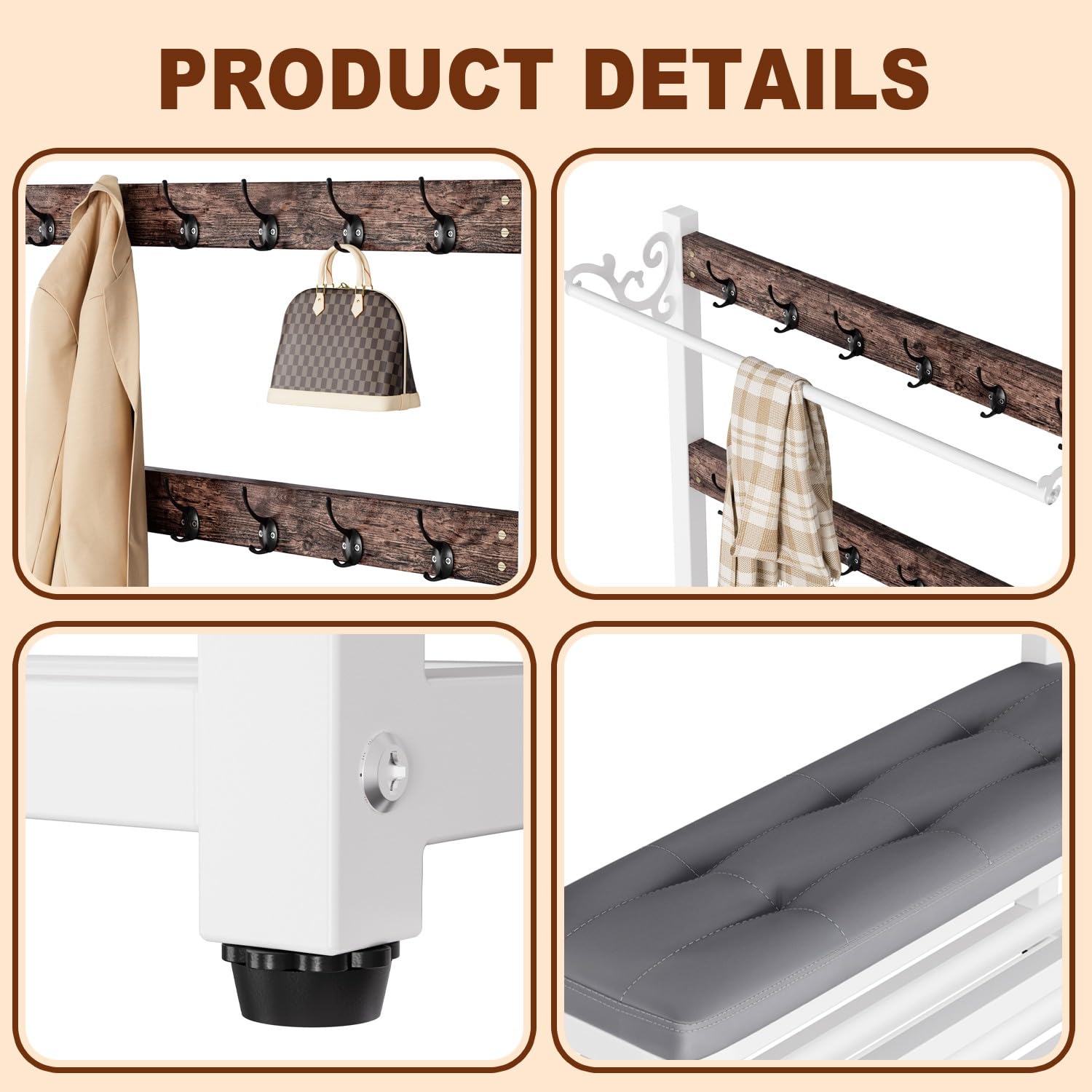 Attaccapanni da Ingresso con Panca e Scarpiera, Stand Appendiabiti 4 in 1 con 12 Ganci, Stile Industriale, Struttura Metallica Robusta, per Corridoio, 100x30x171cm