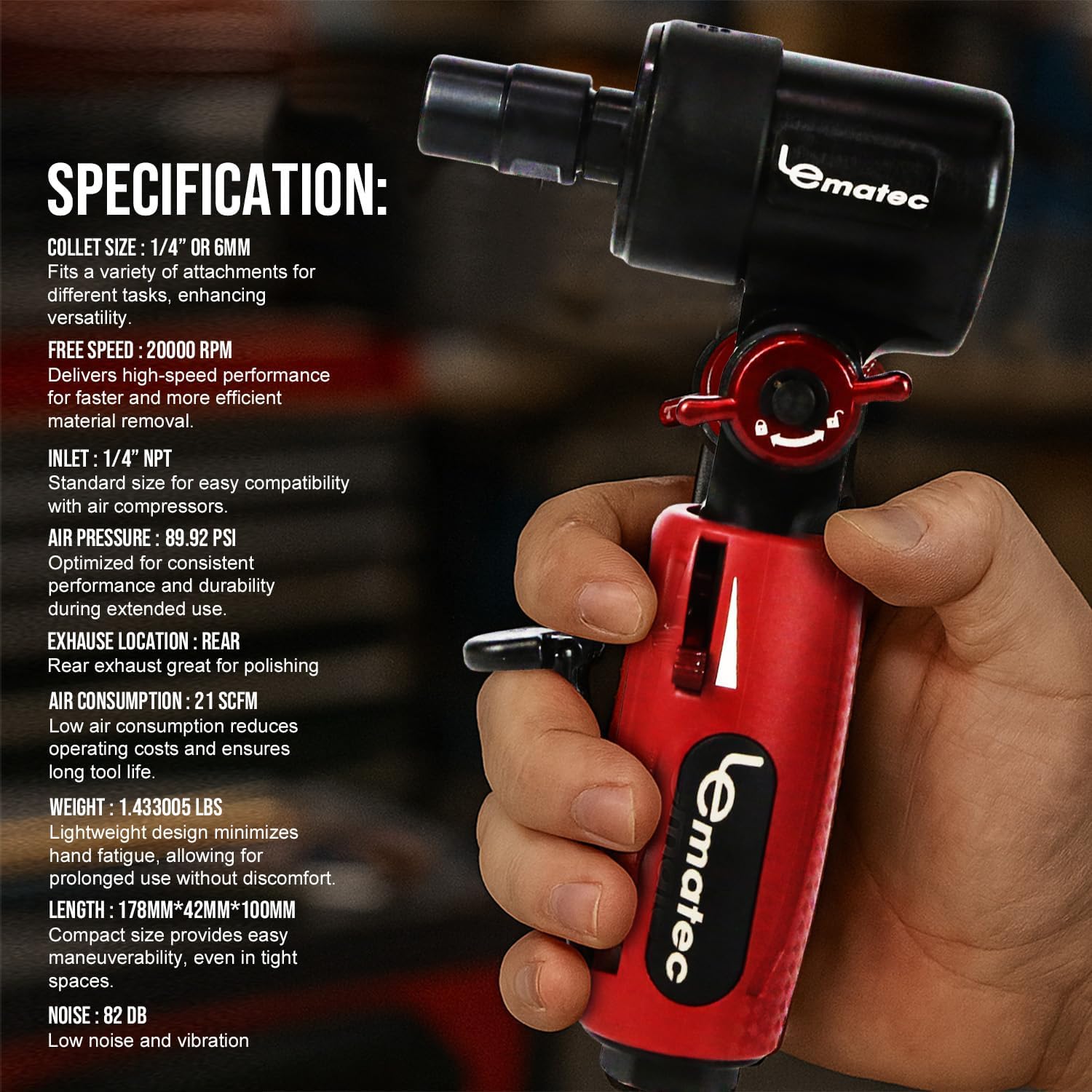 LE LEMATEC Air Die Grinder with Adjustable Swivel Head - 20,000 RPM Pneumatic Tool for Porting, Weld Prep & Auto Detailing - Variable Angle Grip (1/4 Inch Collet)