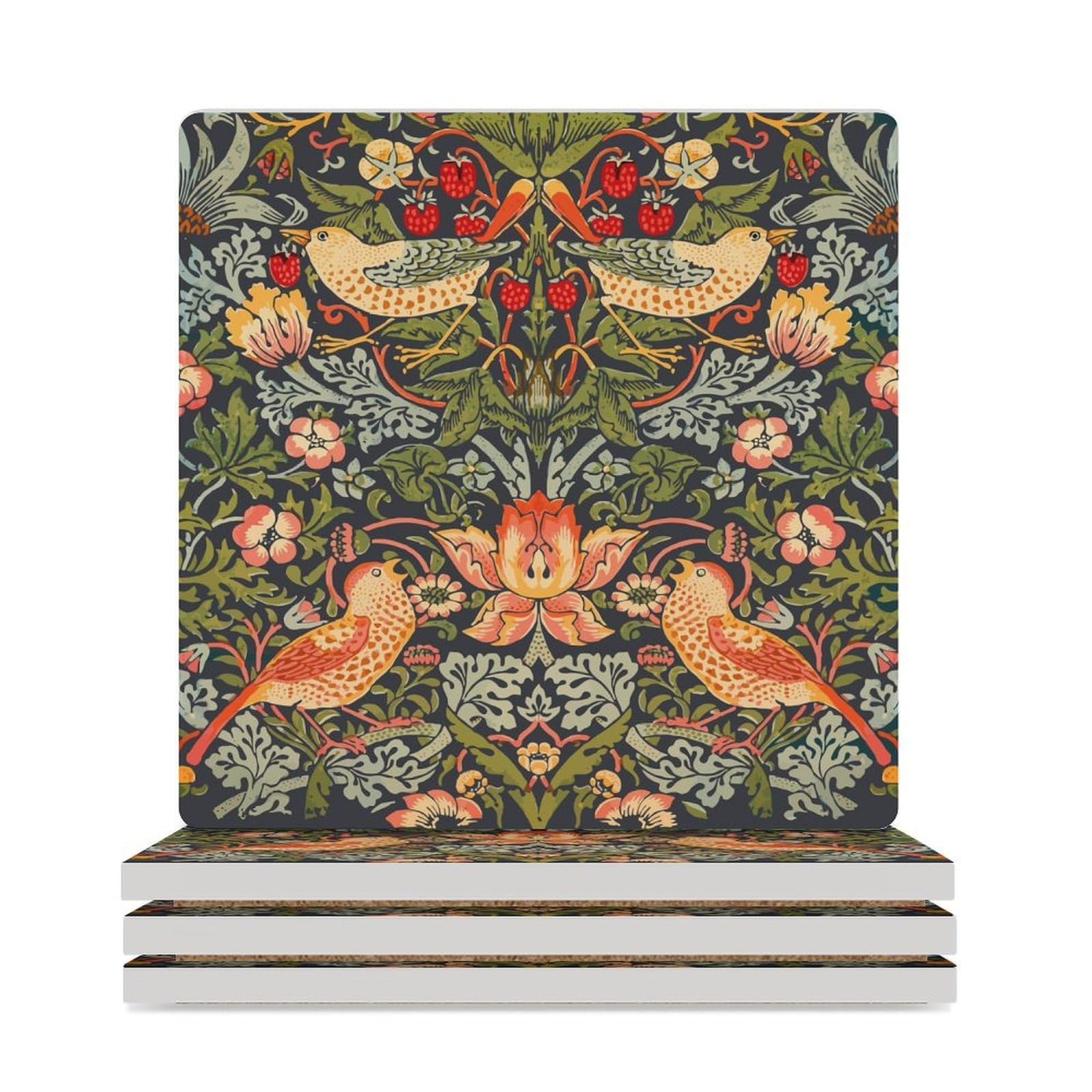Square-4PCS William Morris Drink Coasters, Square Modern Ceramic Absorbent Coasters, Vintage Floral Botanical Art Strawberry Bird Decor Desk Coffee