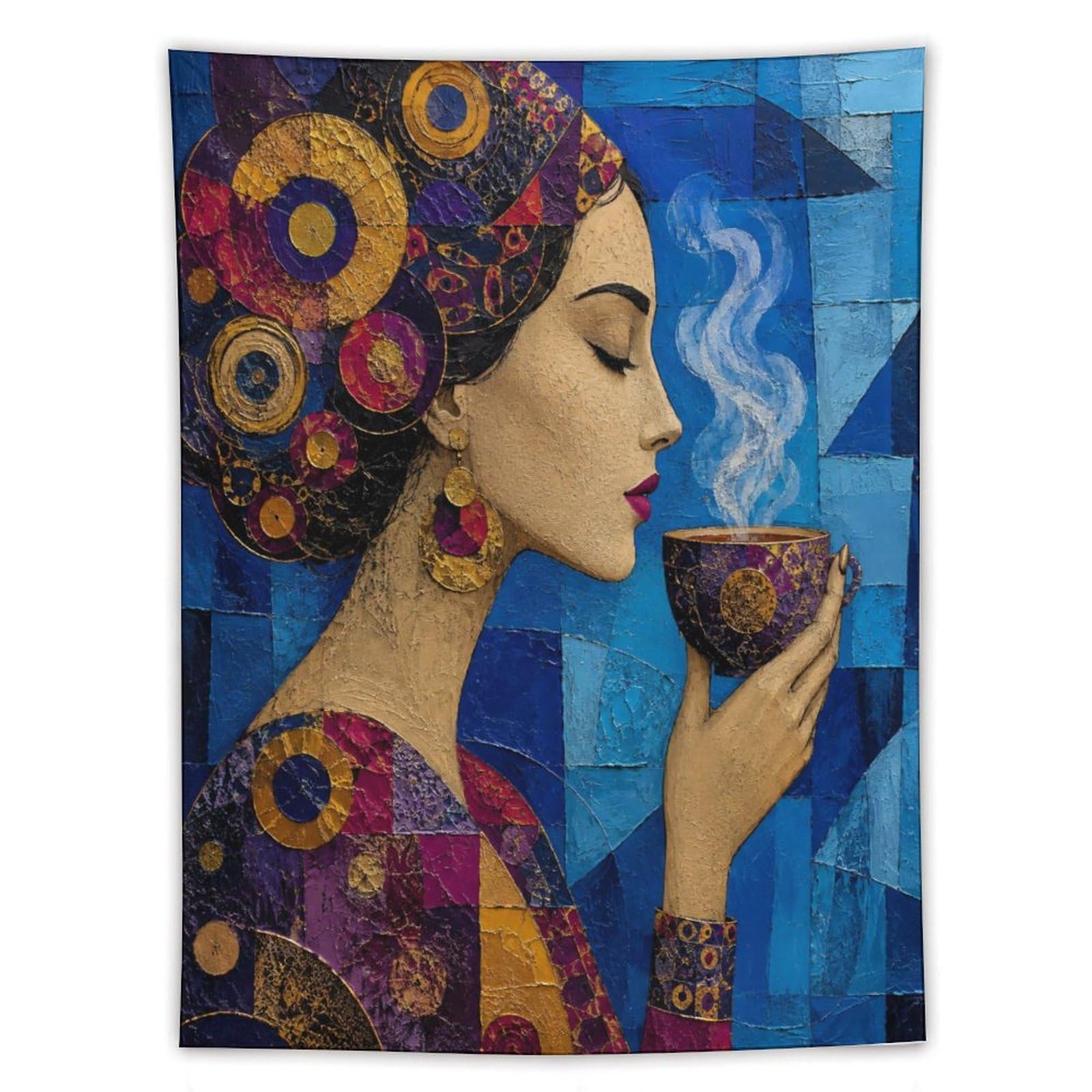 W7C8U2X3 Woman with Purple Headscarf Wall Tapestry, Mosaic Style, Bedroom