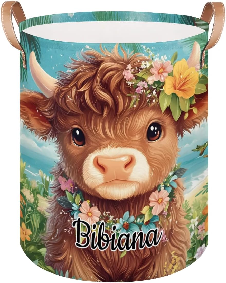 Custom Name Laundry Baskets, Waterproof Personalized Laundry Hamper Tropical Highland Cow Flower Customized Dirty Clothes Storage Basket for Family Bathroom Bedroom, 16 x 20.8"