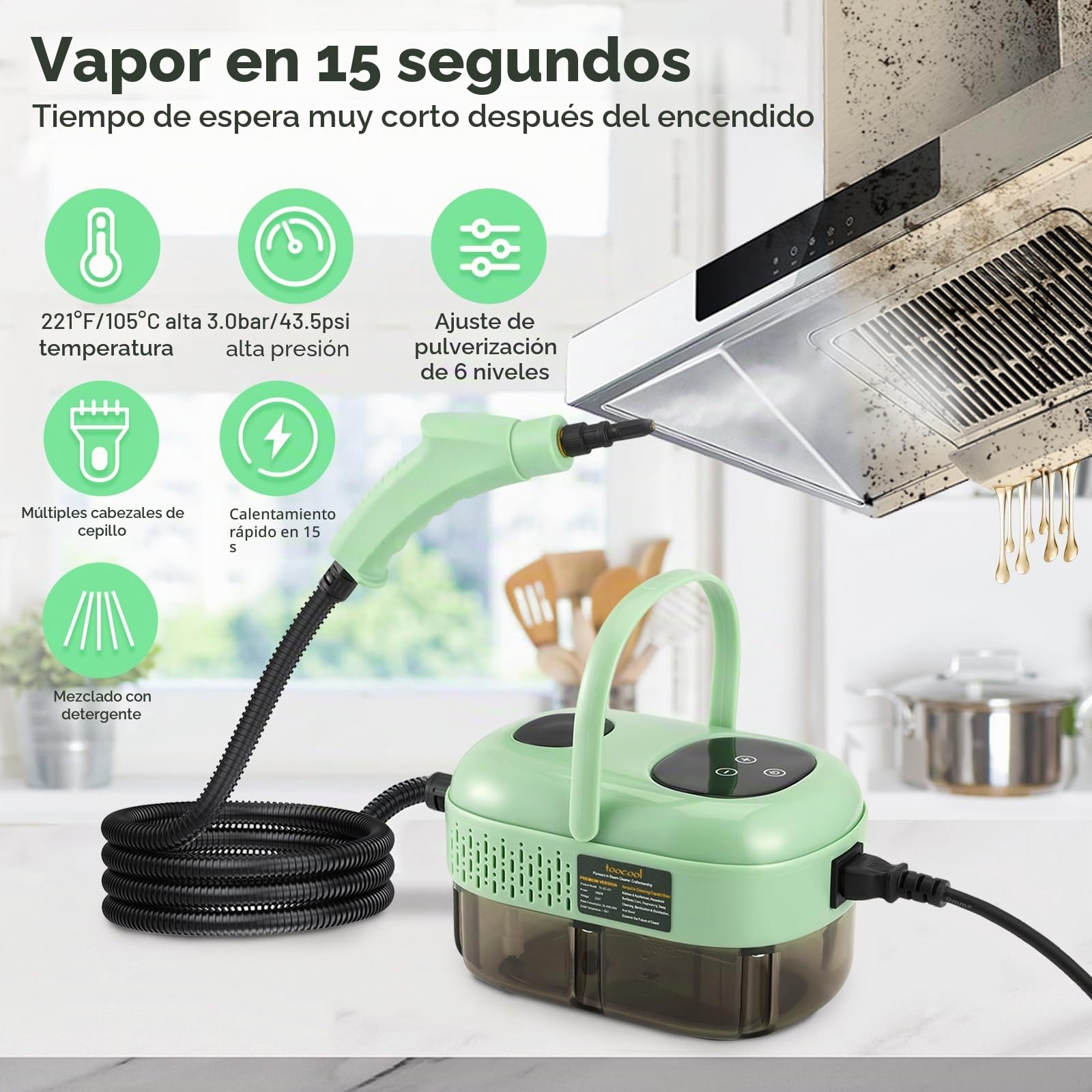 Limpiador a vapor portátil de 2500 W, 1100 ml, limpiador a vapor de alta presión con 3 cabezales de cepillo, limpiador a vapor de mano multifuncional para muebles de cocina, baño, coche (verde nuevo)