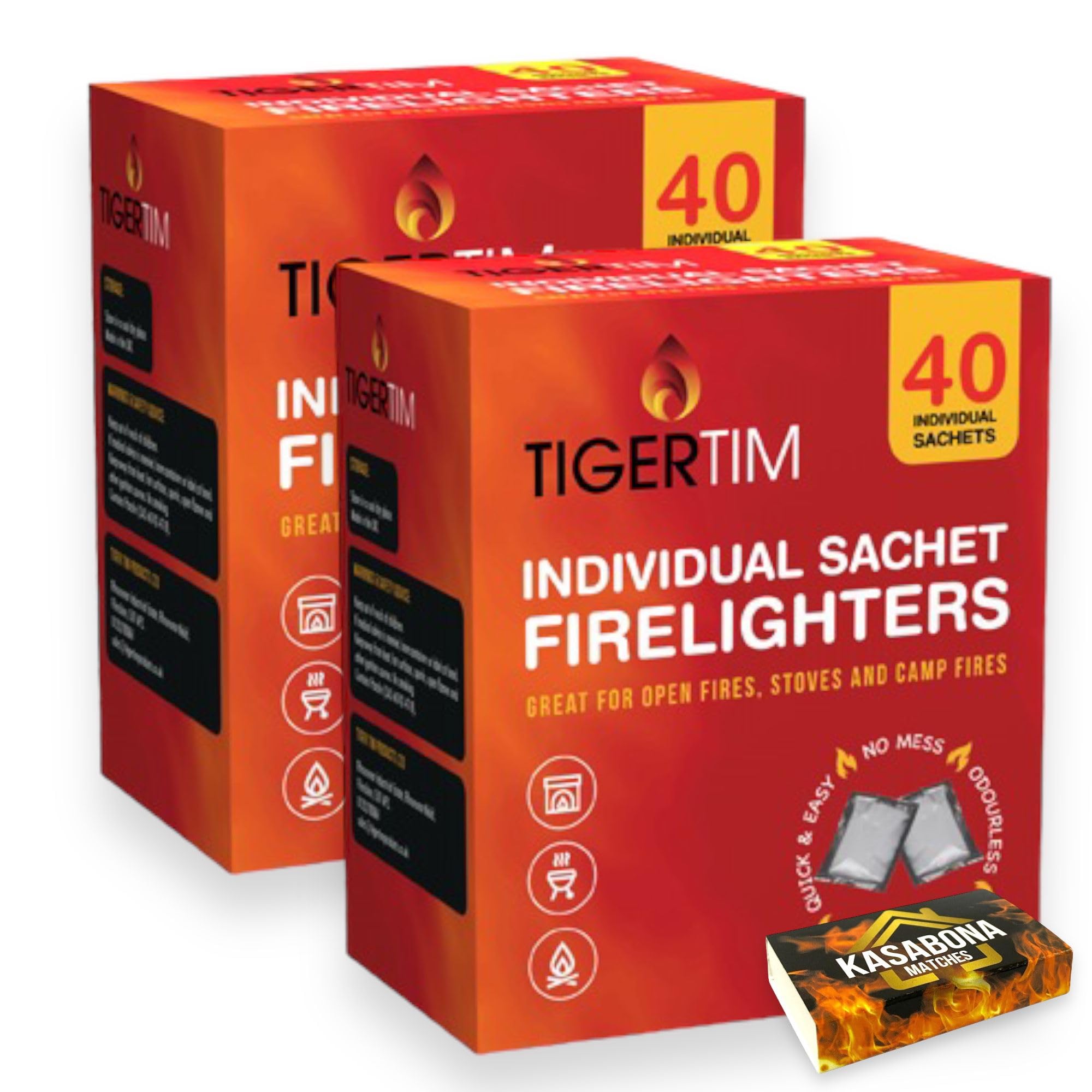 Tiger Tim Firelighters Sachets Mess Free Odourless Safe Quick Fire Starter hotspot Burners BBQ Coal Wood Burners with KasaBona Safety Matches (80 Firelighters)