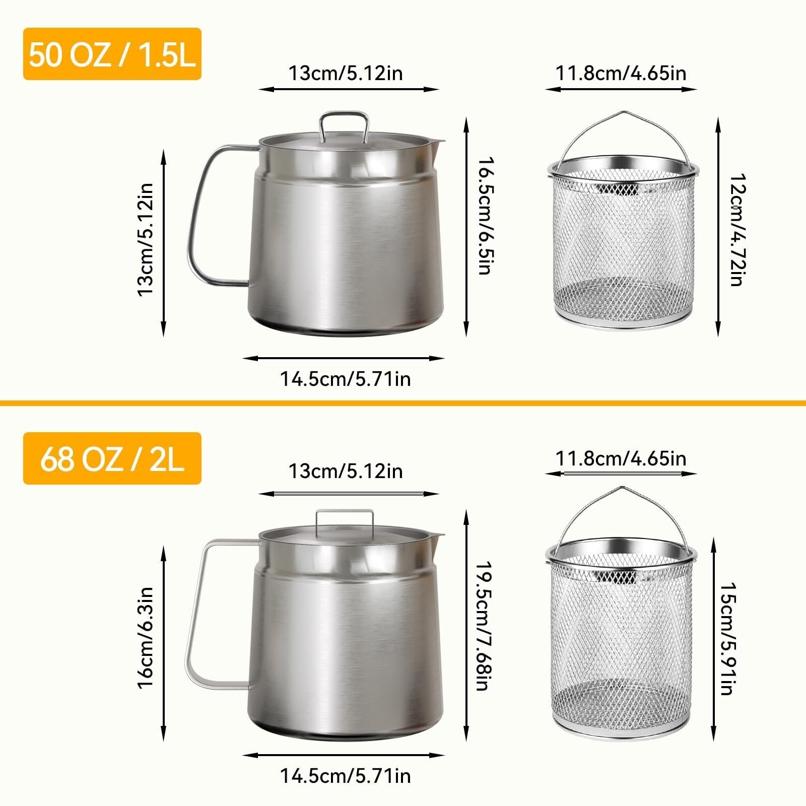 Cestini per Alimenti Famiglia Contenitore for Grasso di Pancetta e Filtro for Olio in Acciaio Inossidabile for Cucina Cestello Friggitrice(68oz/2L)