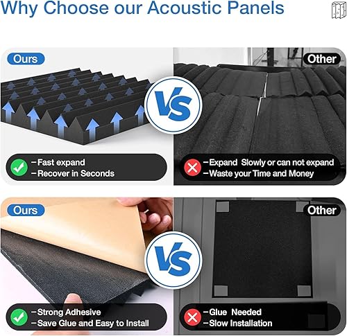 Miniatura 2 de Paquete de 48 paneles acústicos autoadhesivos, paneles de pared de 1 x 12 x 12 pulgadas, paneles de sonido de alta densidad y recuperación rápida,