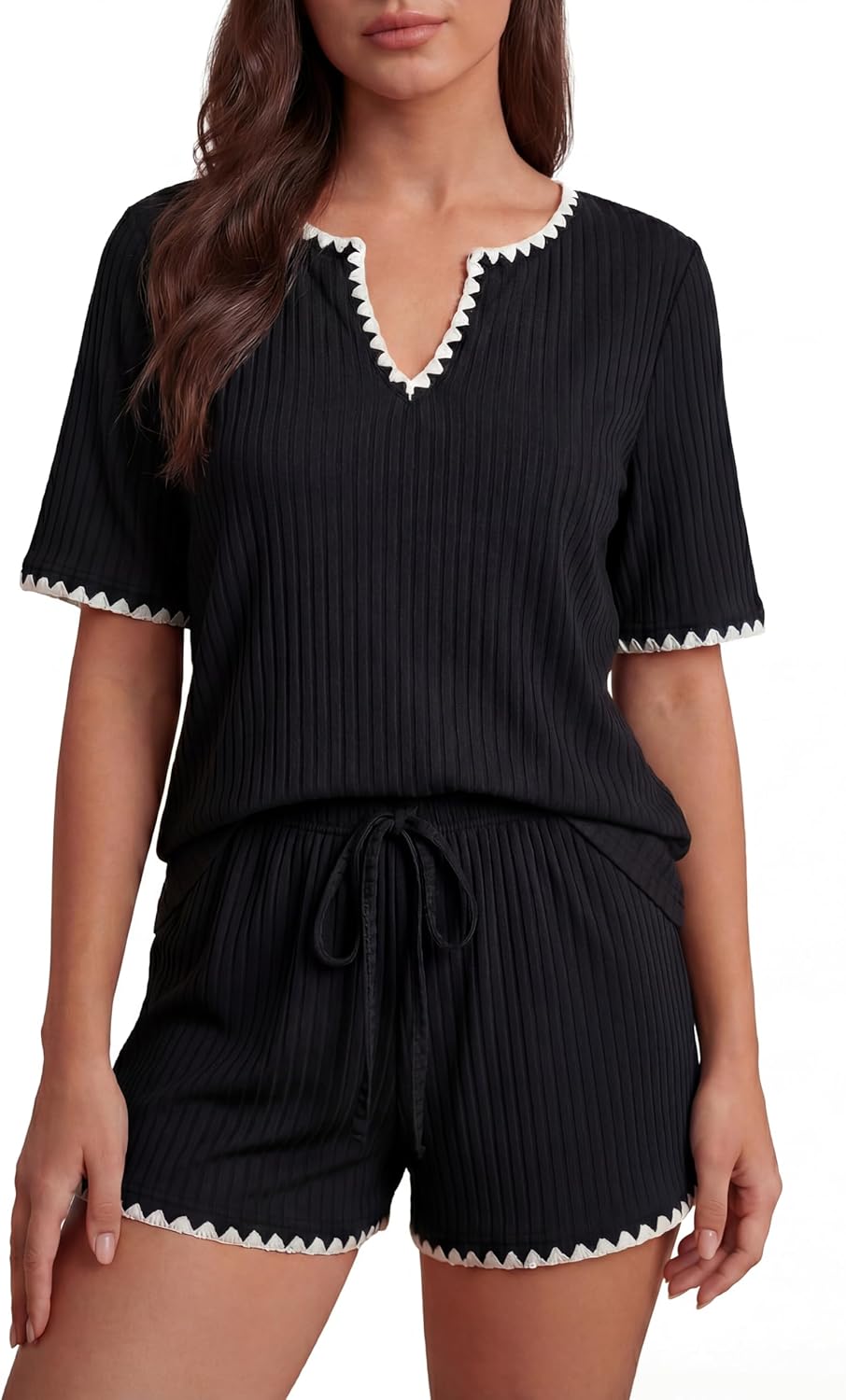 Blooming Jelly Women Color Block Knit Ribbed Pajama Sets 2 Piece Shorts Lounge Sets Soft Comfy Loungewear With Pockets