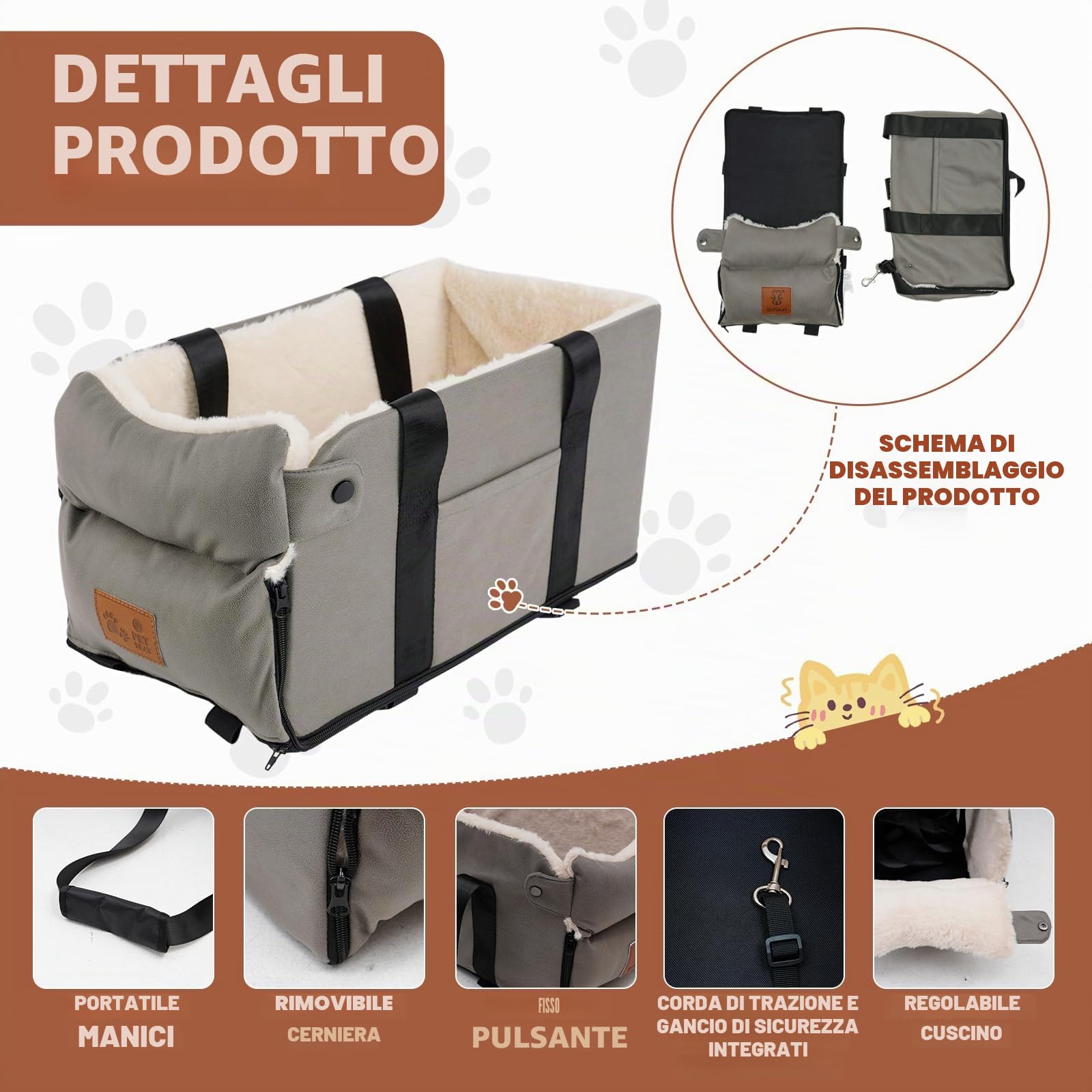 Seggiolino Auto per Cani, Seggiolino Auto per Animali Domestici con Fibbie in Nylon, Piccola Taglia Pet Car Booster Seat Staccabile e Lavabile, Console Centrale Cani e Gatti Domestico Fino a 5,9 kg
