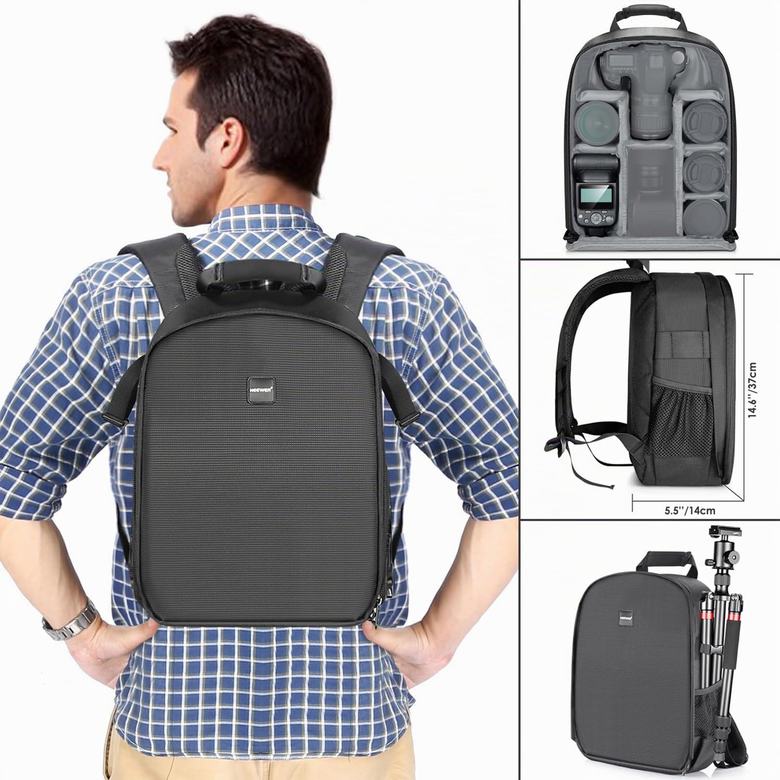 Neewer, Zaino imbottito flessibile per fotocamera, antiurto, con scomparti, per fotocamere SLR, reflex, mirrorless e relativi obiettivi, flash, telecomando per scatto a distanza (grigio all’Interno)
