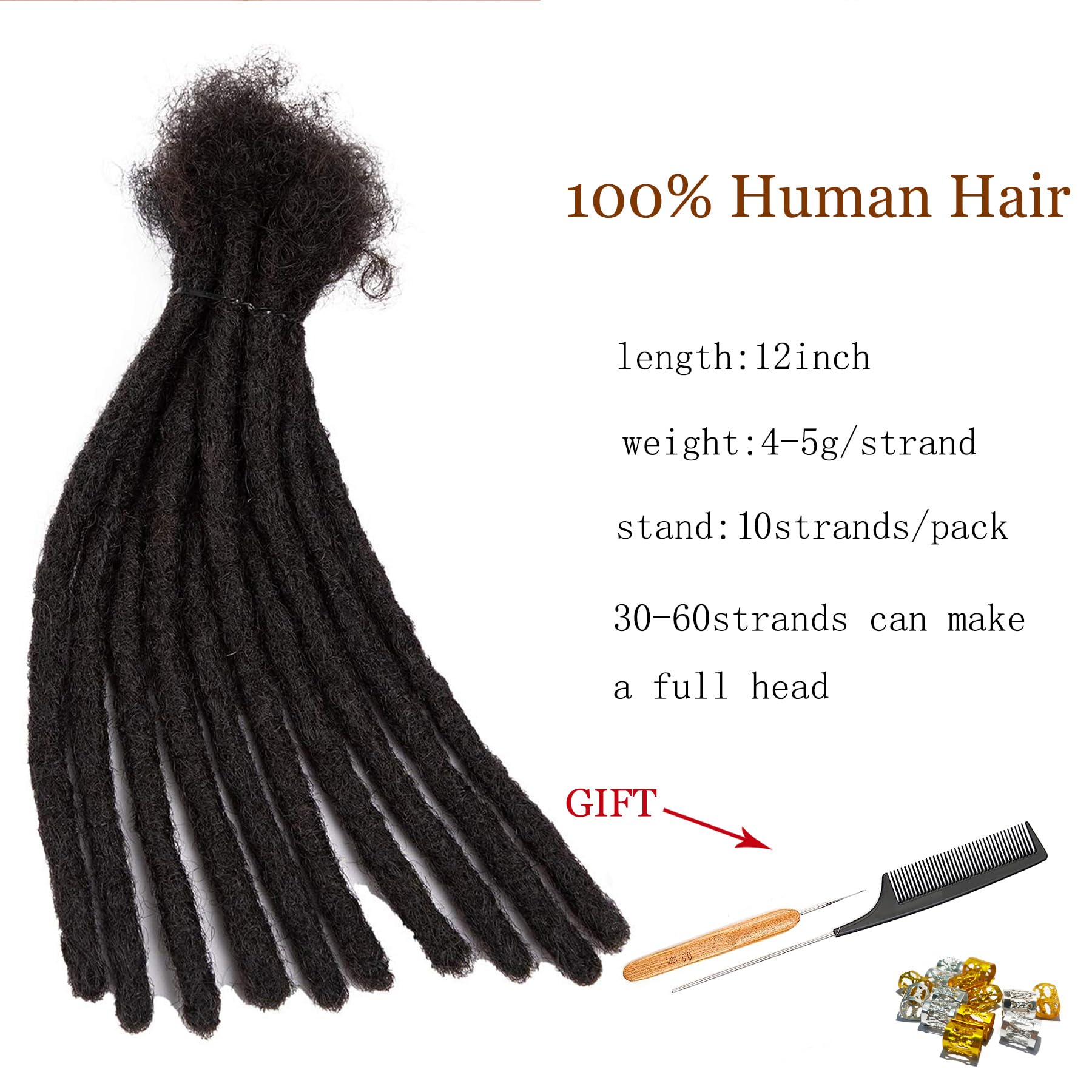 TAOYEMY Dreadlock Extension 12 inch 100% Real Human Hair Afro Kinky 10 Strands Dreadlock Extensions for Man/Women (1B - Image 2