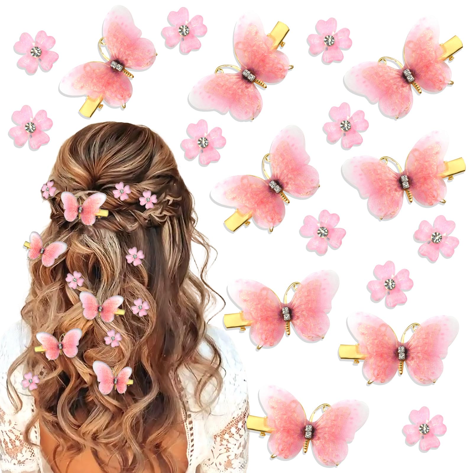VENOFEN 18PCS Butterfly Hair Clips Pink Mini Flower Clips for Hair Cute Butterflies Clips with Rhinestones Fairy Flower Hair Barrattes Butterfly