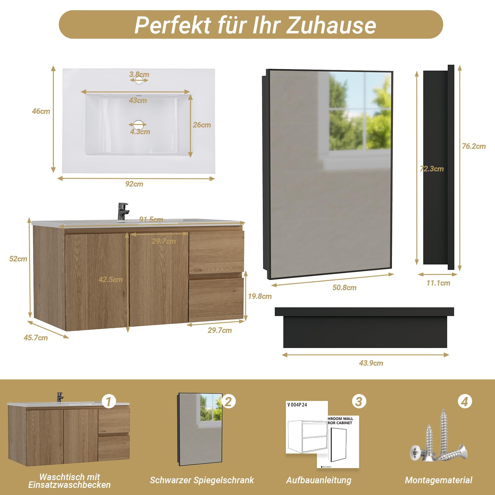 Badmöbel Set – Waschbecken mit Unterschrank 90 cm, 51cm Spiegelschrank & Waschtisch Set – Badezimmermöbel Wandhängend mit Keramik Waschbecken, Holzoptik, Oak-Dekor