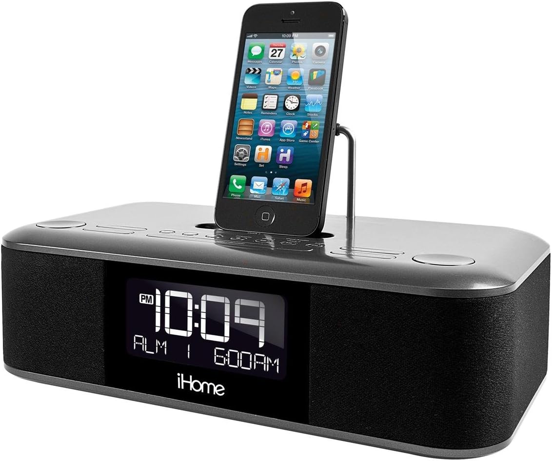 iHome iDL100 with iPhone docked, close-up of controls