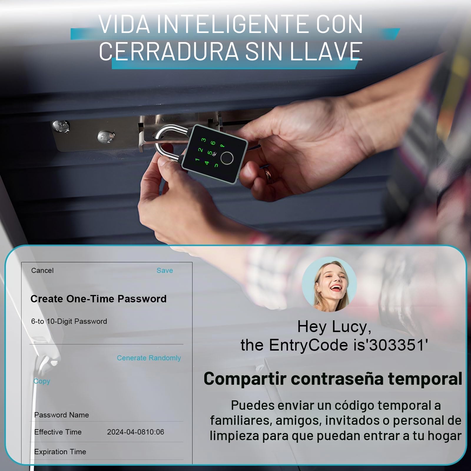 Candado Inteligente con 5 Formas de Desbloqueo, Impermeable | Candado de Huella Dactilar Bluetooth, con Llaves y Tarjetas IC, Compatible con Tuya APP, para Valla y Maleta
