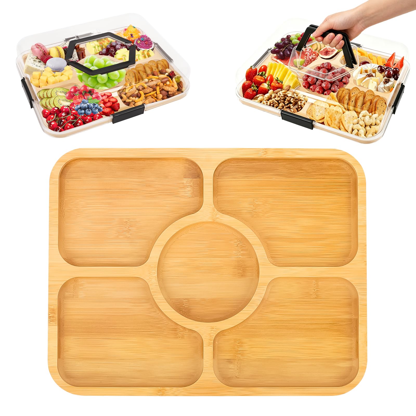 Tagliere per salumi con coperchio trasparente e manico,Vassoio da Portata in Bambù,Vassoio Aperitivi Con Coperchio e 5 Slot,Contenitori per Frutta, Snack, Dolci, Verdure, Noci, Picnic