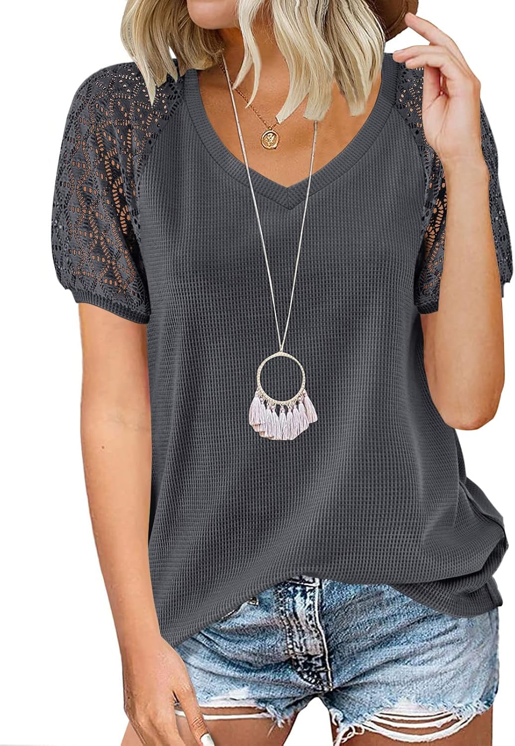 MEROKEETY Women’s Summer Lace Short Sleeve V Neck Tops Shirt Loose Casual Waffle Tee Blouse