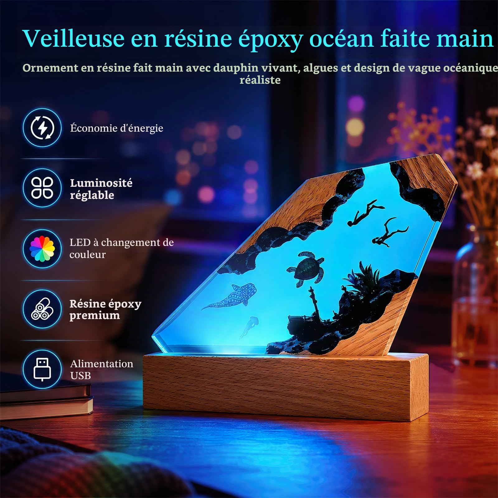 Lampe Océan Résine Époxy 3D, Veilleuse RGB 7 Couleurs Dimmable Socle Bois