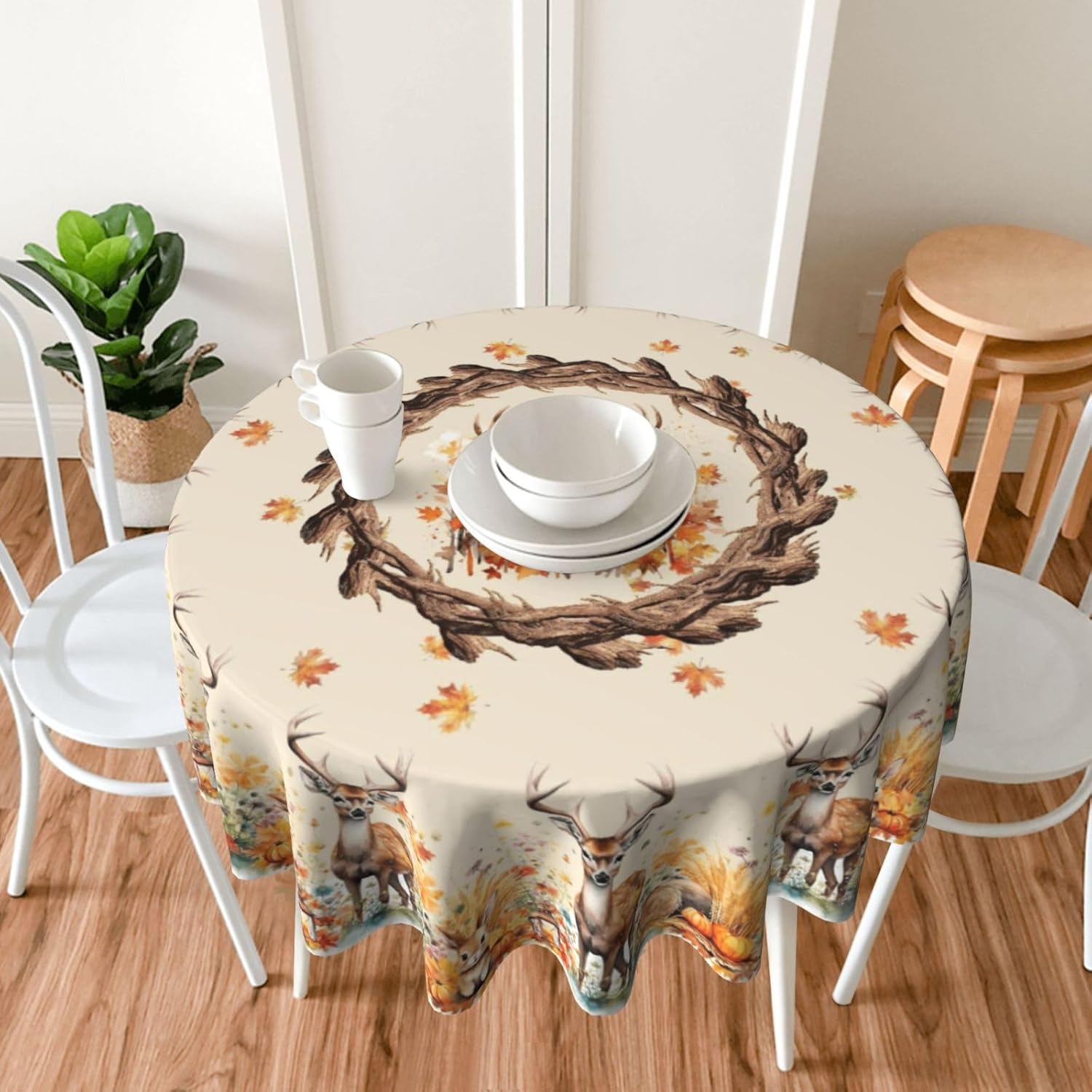 Fall Round Tablecloth 70 Inch Autumn Deer Maple Leaf Table Cloth Round Orange Autumn Thanksgiving Harvest Themed Decorative Tablecloths Fall Circle Table Cover for Home Kitchen Dining Room Living Room