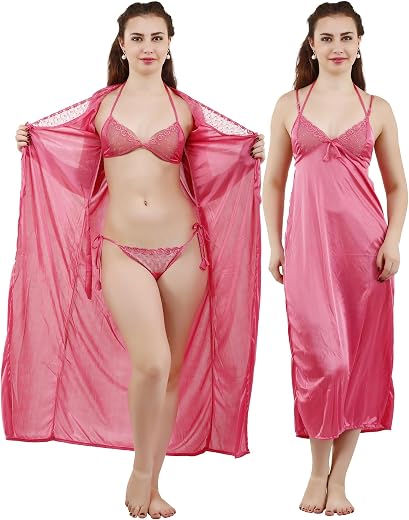 Romaisa Women's Solid Maxi Satin Nightwear Set, Nighty with Robe and Bra with Panty, Pink Free Size Nightwaer (Pack of 4) ...